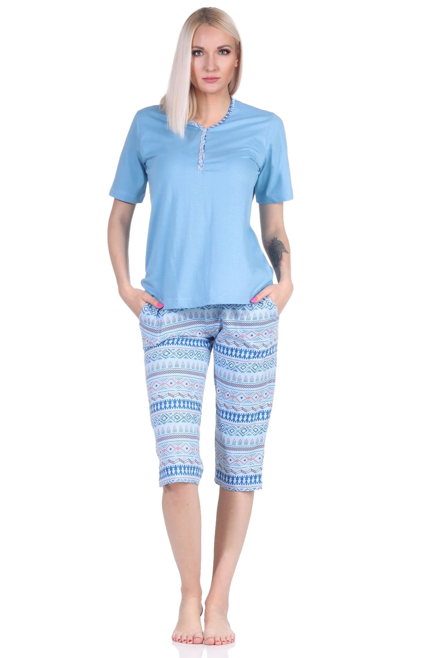 Normann Pyjama Damen kurzarm Schlafanzug Caprihose mit hellblau im Ethnolook