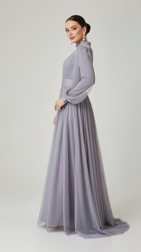 fashionshowcase Tüllkleid Damen Abendkleid Maxilänge Abaya-Stil - Modest Mode vollständig blickdicht & bedeckt – Bild 5 von 5