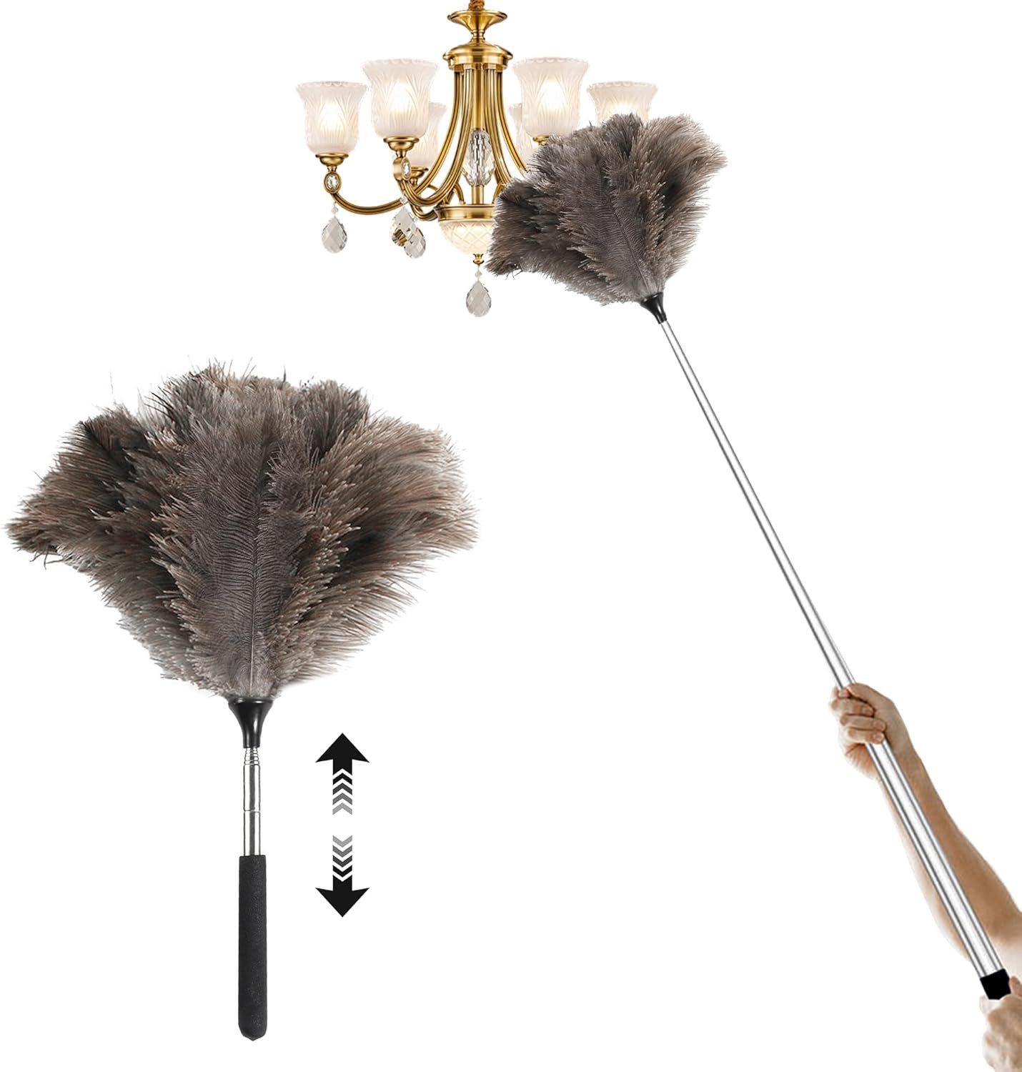 BlingBin Staubwedel Teleskop Staubwedel Straußenfedern – Staubwedel Lang Ausziehbar (1er Set, 1-St., 43 cm bis 115 cm), Längenverstellbar & Waschbar für Deckenventilator, Hochflächen