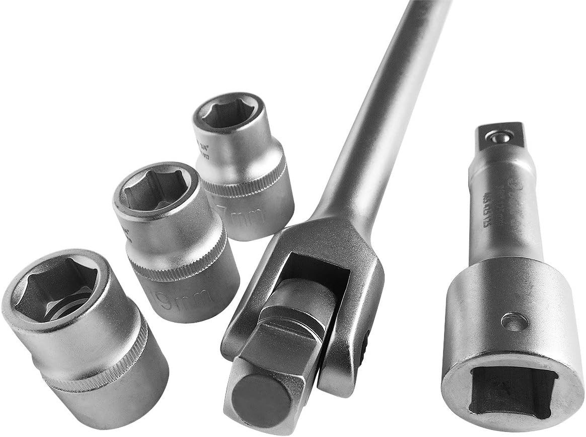 S&R Drehmomentschlüssel Gelenkgriff 3/4", Steck-Drehgriff nach DIN 3120 mit Steckeinsätze (Set, 5 tlg. Gelenkgriff, Verlängerung 125 mm und Stecknüsse 17, 19, 21mm), zur Übertragung höchster Drehmomente in schwer zugänglichen Bereichen