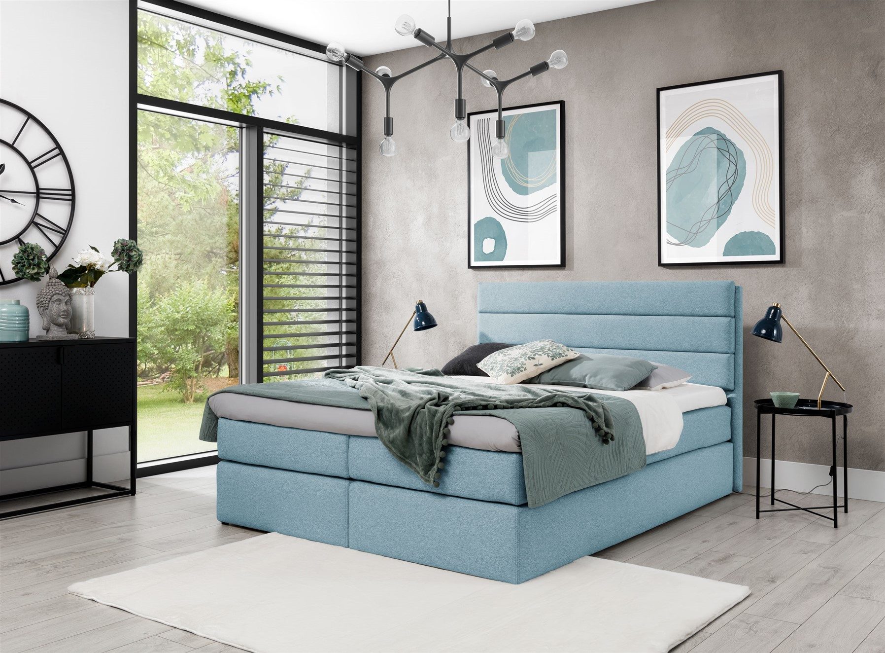 Fun Möbel Boxspringbett Schlafzimmerbett Bett DAVINO DELUX (Gepolstertes Kopfteil, Füße: Kunststoff Höhe 1,5cm), Inkl. Topper