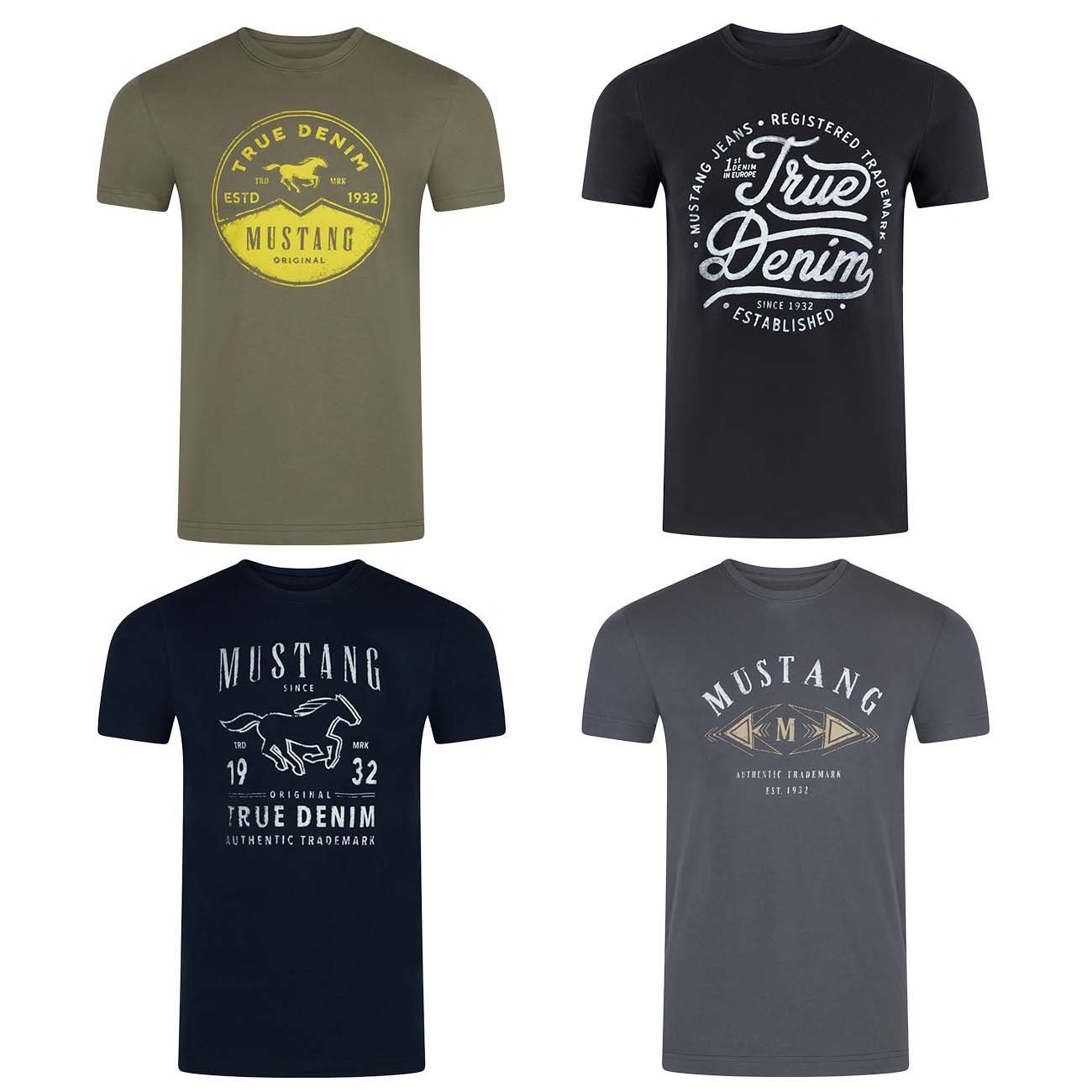 MUSTANG T-Shirt Herren Printshirt 4er Pack Set Regular Fit (Vorteilspack, 4-tlg) Kurzarm Sommer Tee Shirt mit Rundhalsausschnitt aus 100% Baumwolle