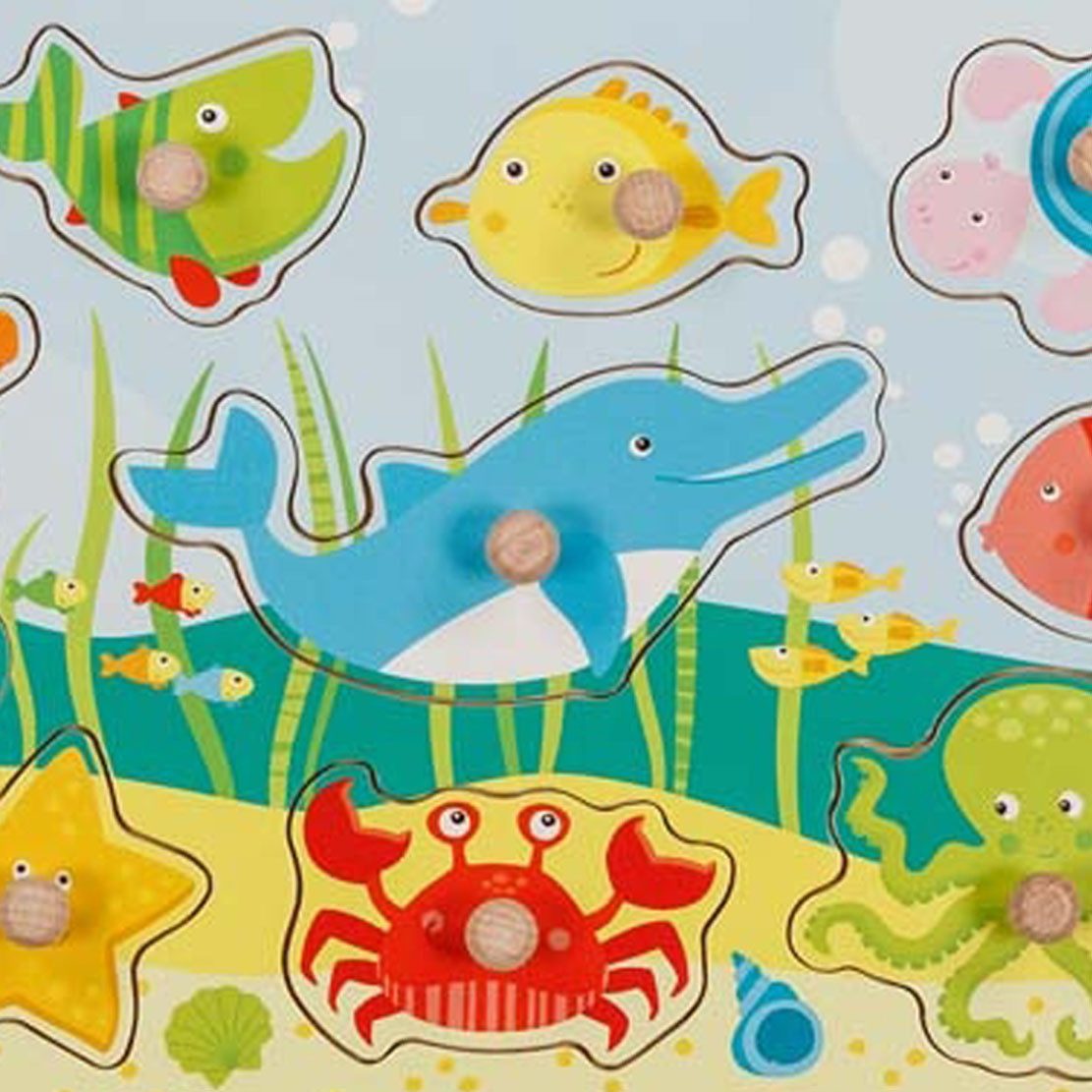 goki Steckpuzzle Steckpuzzle Unterwasserwelt II, 9 Puzzleteile, Mit kindgerechten Holzknöpfen