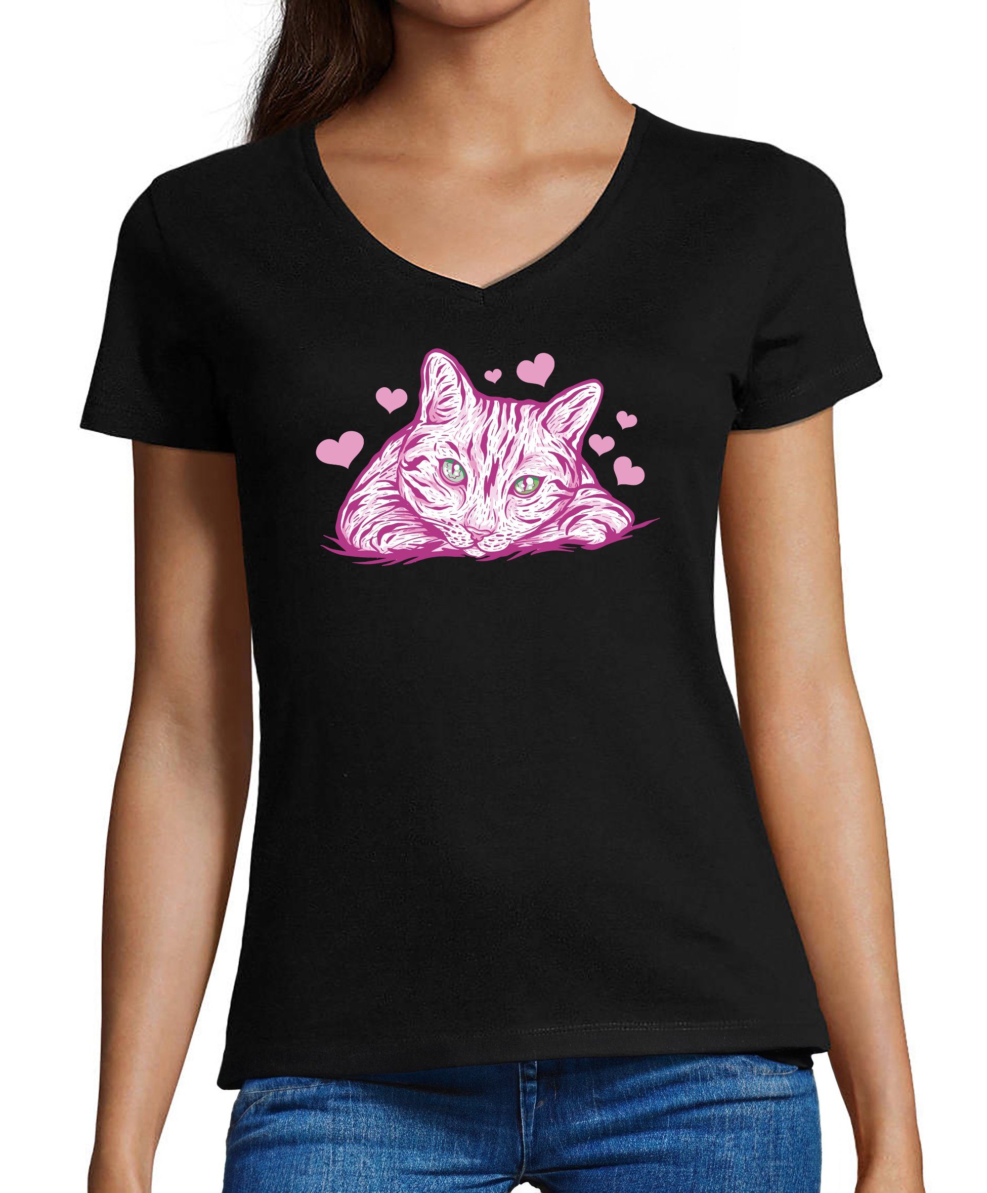 MyDesign24 T-Shirt Damen Katzen Print Shirt bedruckt - Pinke Katze mit Herzen Baumwollshirt mit Aufdruck, Slim Fit, i122 schwarz