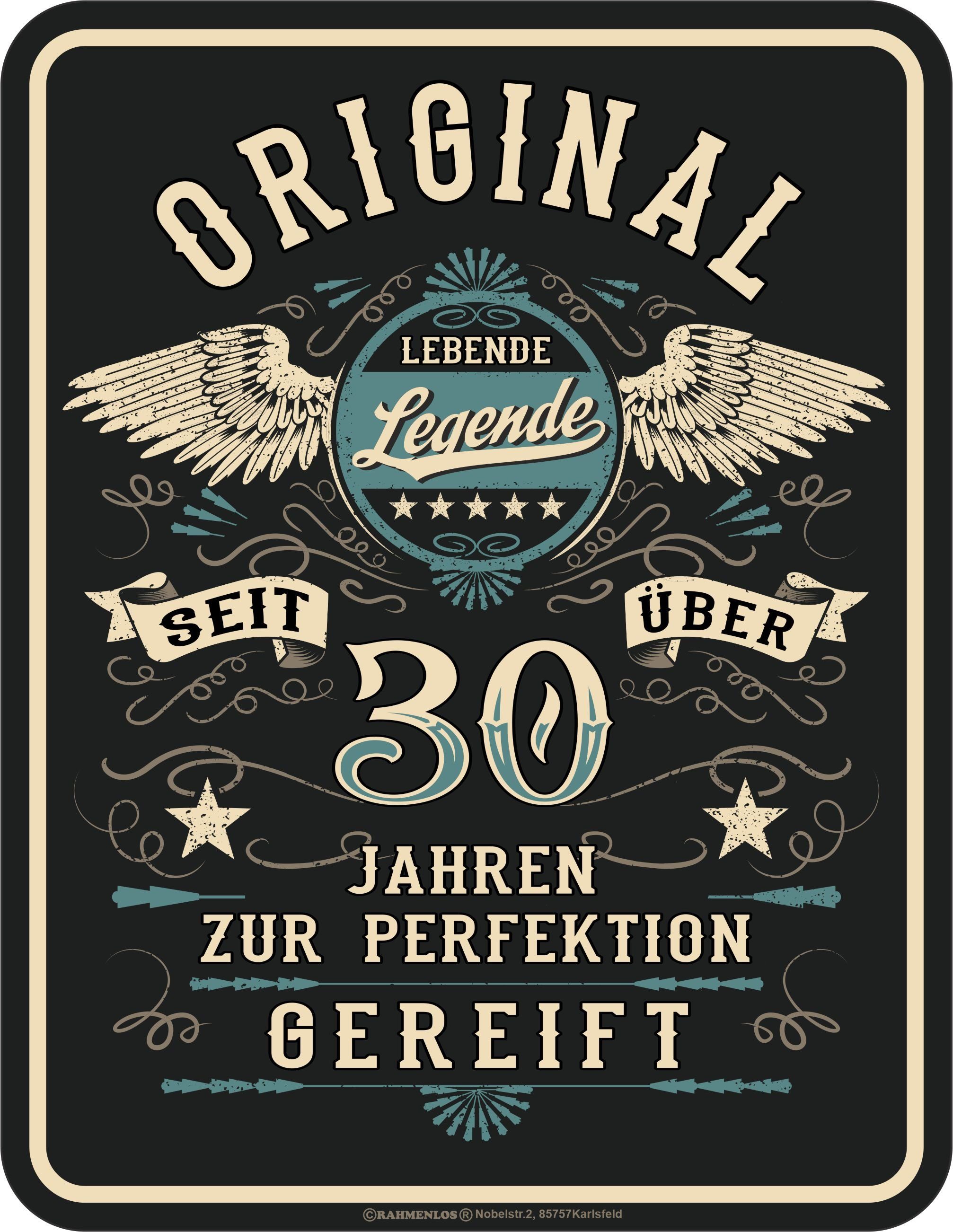 RAHMENLOS® Metallschild als Geschenk zum 30. Geburtstag: Lebende Legende, zur Perfektion...
