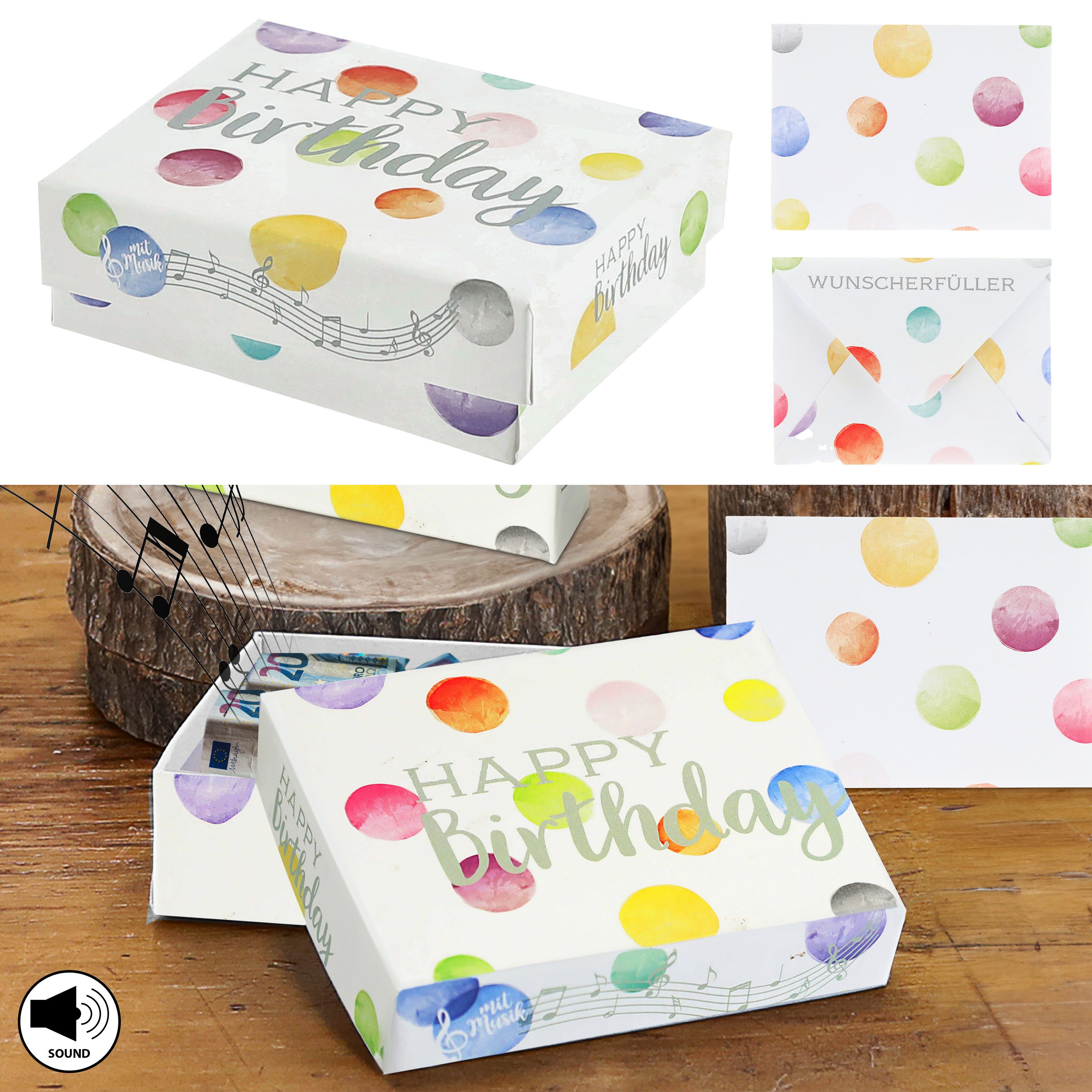 CEPEWA Geschenkbox Geschenkbox Musik 'Happy Birthday' 9,5x7x3,5cm weiß bunt Karton