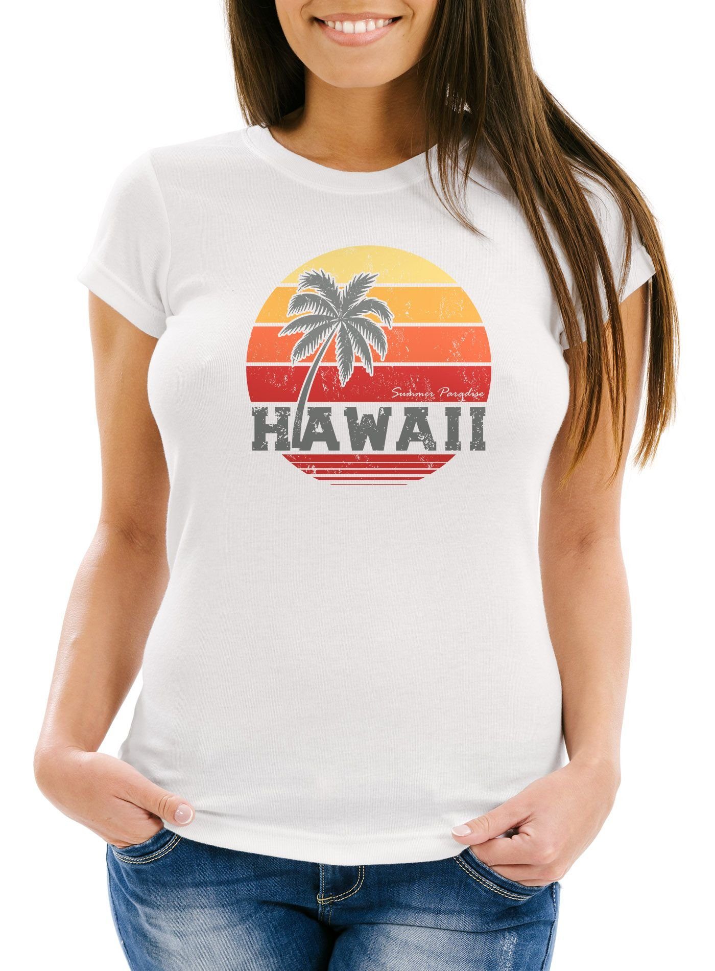 Neverless Print-Shirt Damen T-Shirt Hawaii Palme Tropical Summer Retro Slim Fit Baumwolle Neverless® mit Print