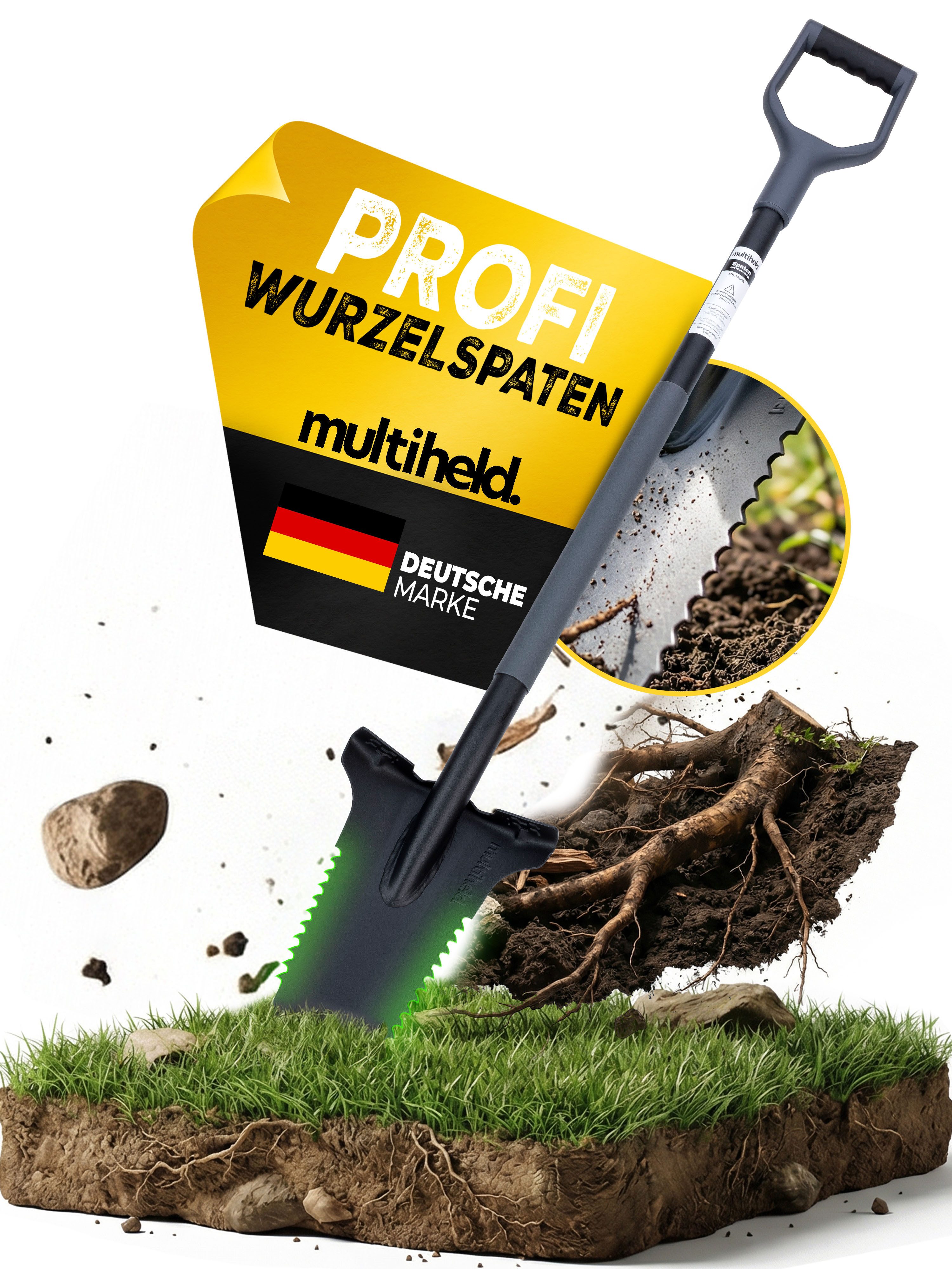 Multiheld Spaten Wurzelspaten mit Säge 120cm, 1050Mn Stahl, ergonomisch, (Robustes Gartenwerkzeug, 1-St), ergonomischer Softtouch-Griff, extra breite Trittkante