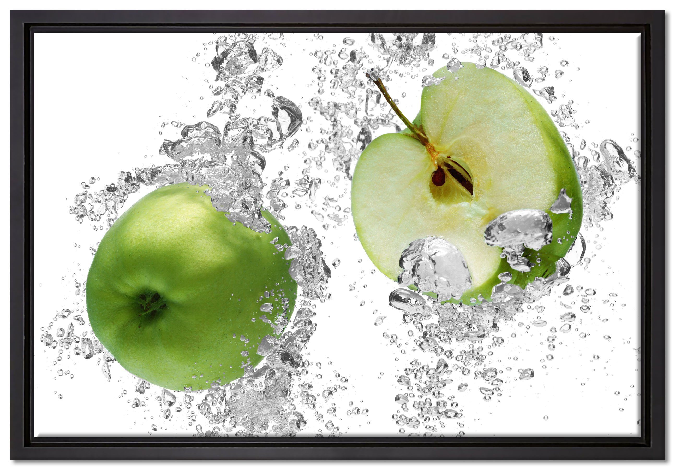 Pixxprint Leinwandbild saftig grüne Äpfel im Wasser, Wanddekoration (1 St), Leinwandbild fertig bespannt, in einem Schattenfugen-Bilderrahmen gefasst, inkl. Zackenaufhänger