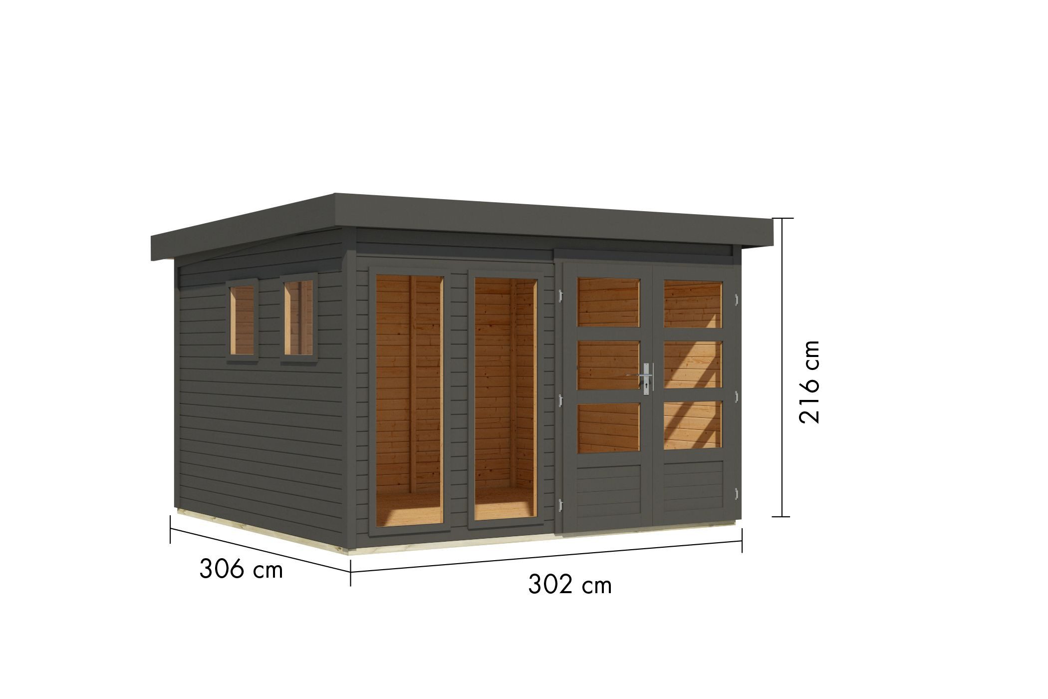 Karibu Gartenhaus Gartenhaus Pentus mit Flachdach, großen Fenstern, Doppelflügeltür, BxT: 302x302 cm, (1 Stück, Gartenhaus Pentus 6 terragrau), extra große Fenster & Doppelflügeltür