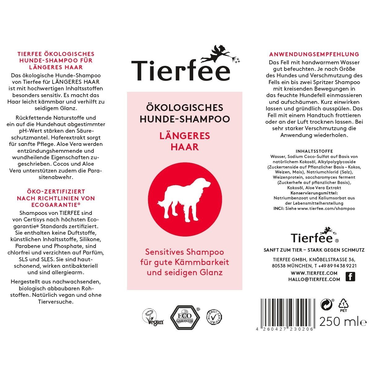 Tierfee Tiershampoo Ökologisches Hunde-Shampoo für längeres Haar 250 ml, 250 ml, ökologisch, vegan