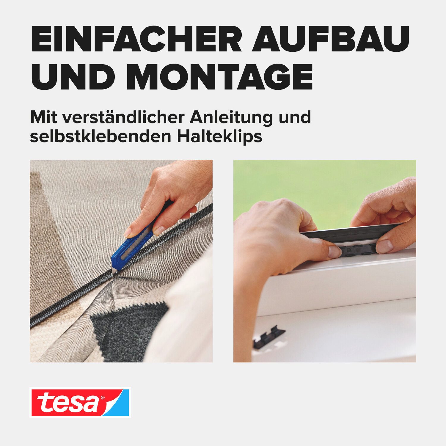tesa Fliegengitter-Gewebe Anklips-Rahmen Fliegengitter für Fenster, Anthrazit (Durchsichtig), (Komplett-Set, 1-St., selbstklebende Halte-Klips - 1,0 x 1,2 m - A – Bild 5 von 5