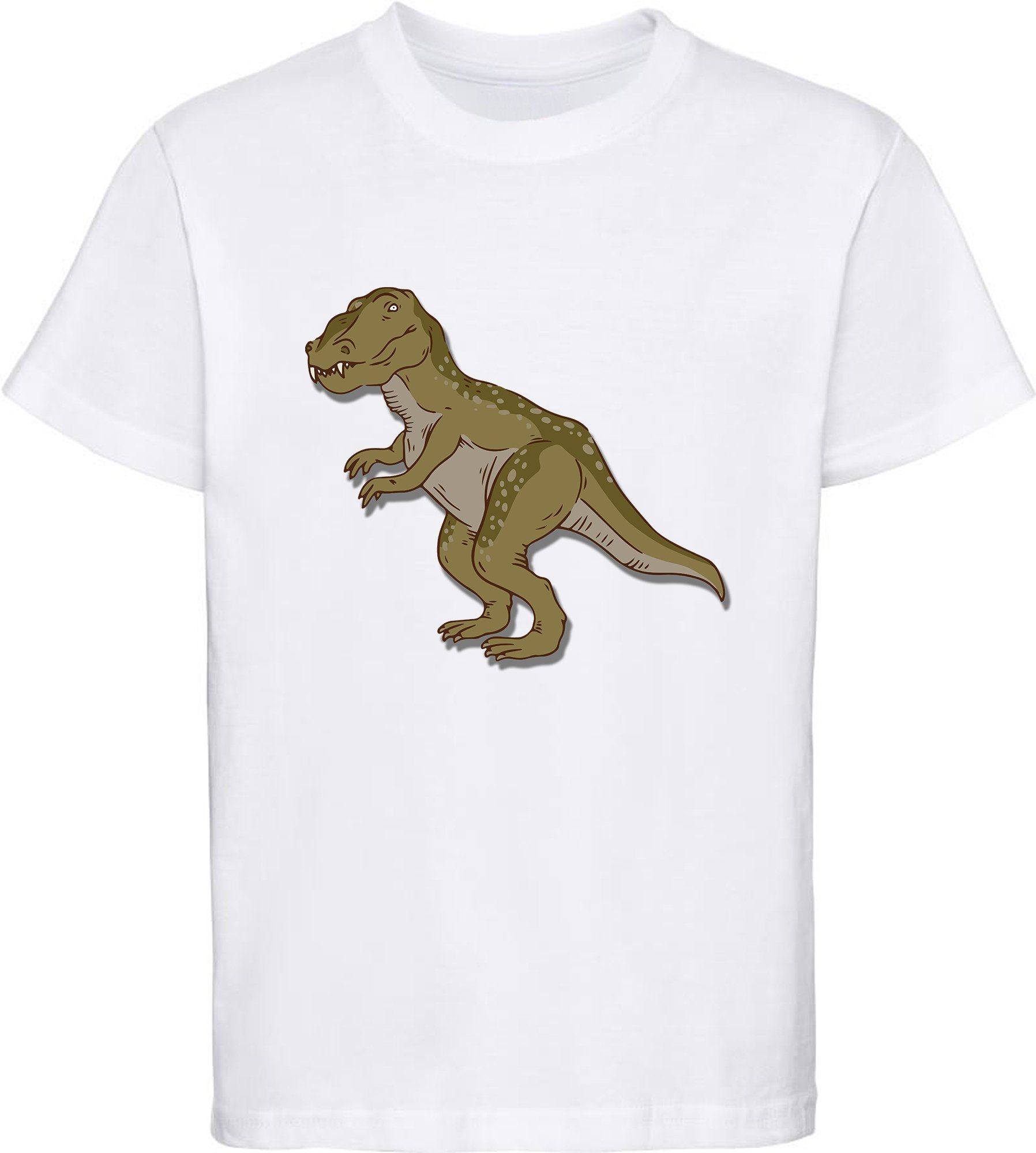 MyDesign24 Print-Shirt bedrucktes Kinder T-Shirt mit Tyrannosaurus Rex Baumwollshirt mit Dino, schwarz, weiß, rot, blau, i69 weiss