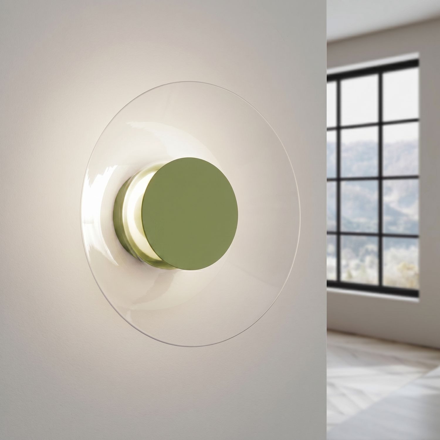 Licht-Erlebnisse Wandleuchte BARDI, LED fest integriert, Neutralweiß, LED Metall Glas Ø 28 cm rund Olivgrün 4000 K 1186 lm Modern