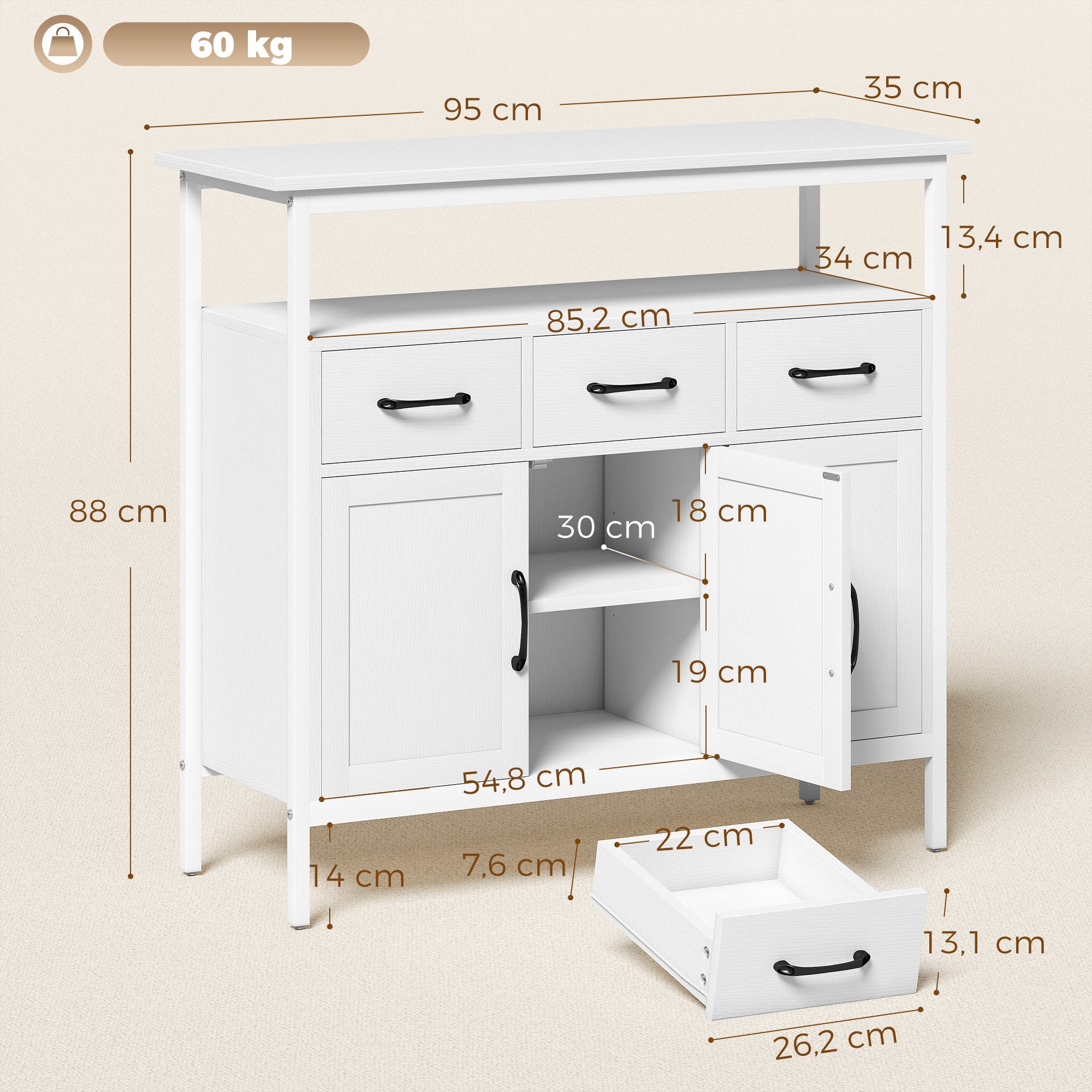 HOMCOM Sideboard Aufbewahrungsschrank mit offenem Regal, 3 Schubladen, Weiß (Kommode, 1 St., Küchenschrank), Großer Stauraum mit verstellbaren Regalen – Bild 3 von 5