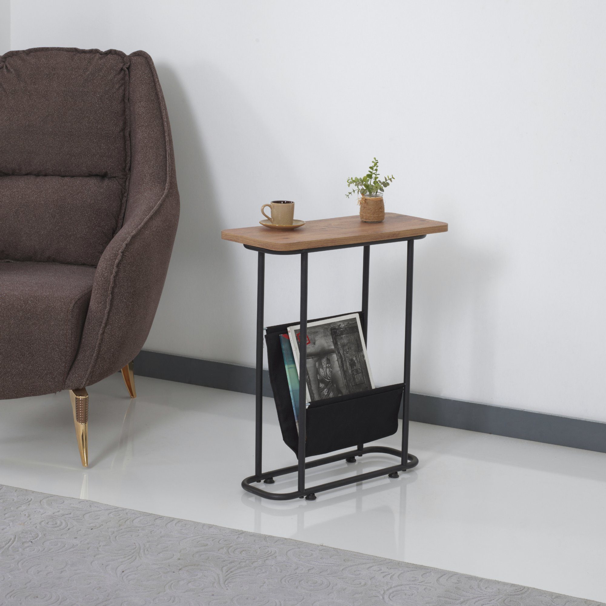 en.casa Beistelltisch, Bov Couchtisch mit Stauraum Schwarz/Walnuss-Optik