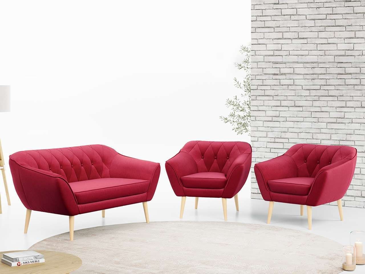 MKS MÖBEL Sofa PIRS 2 1 1, Moderne Sofa Set, Skandinavische Deko, Pirs Loungesofa und Zwei Sessels Rot Casablanca