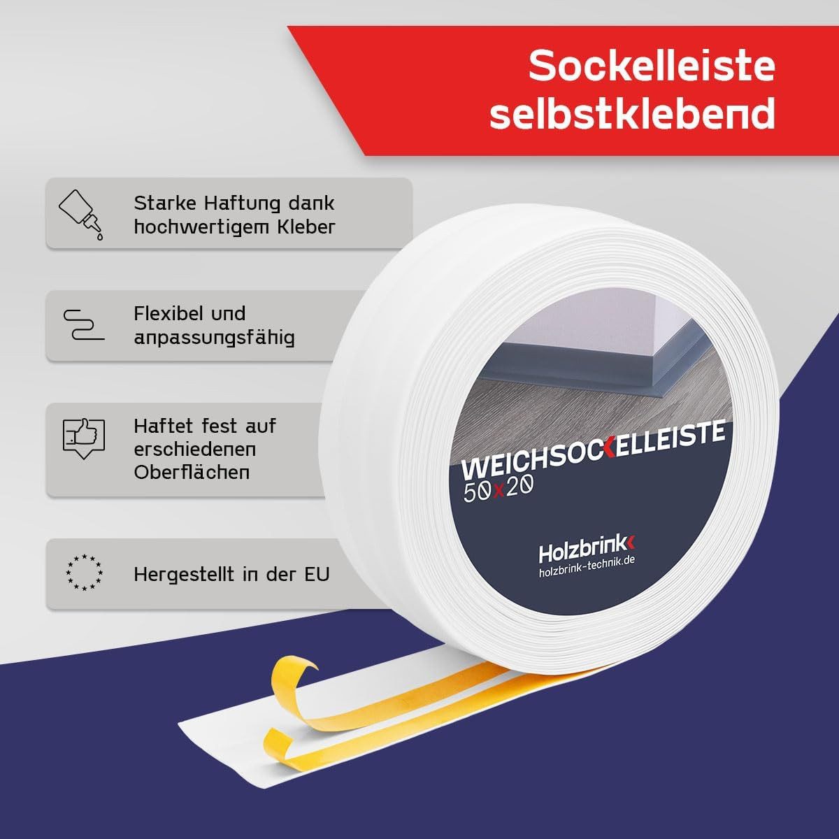 HOLZBRINK Sockelleiste PVC Weichsockelleiste selbstklebend 50x20mm Weiß, L: 500 cm, 5m Rolle, Küchenabschlussleiste Arbeitsplatte, Fensterleiste, Fensterabdichtung