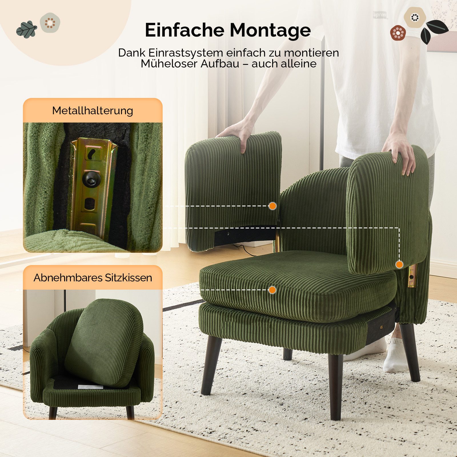 VINGLI Ohrensessel Cocktailsessel aus Cord, Moderner Loungesessel für Wohnzimmer, Holzbeine, Abnehmbares Sitzkissen & Armlehnen – Bild 4 von 5