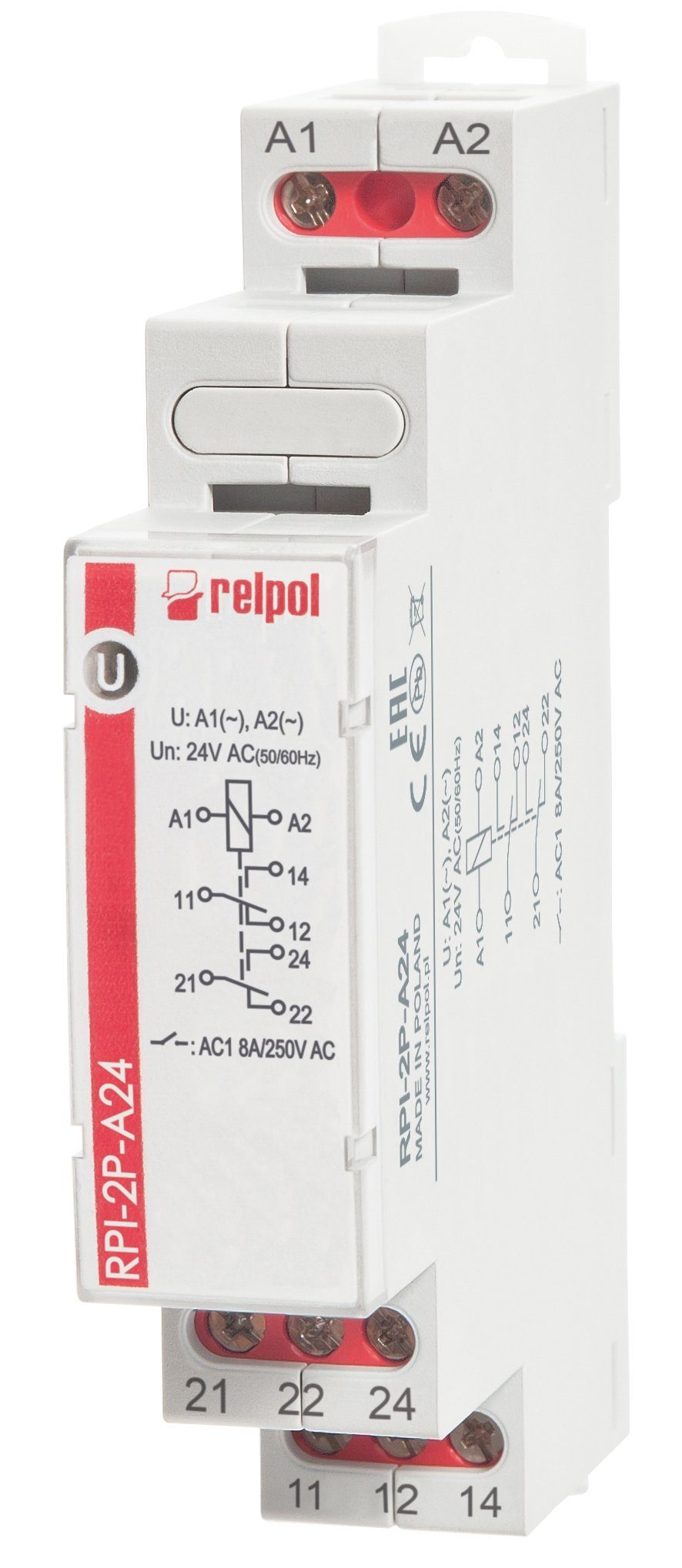 Relpol Verteilerbox RPI-2P-A24 - 24V AC 8A Installationsrelais 2 Wechsler, Schaltrelais für Hutschiene