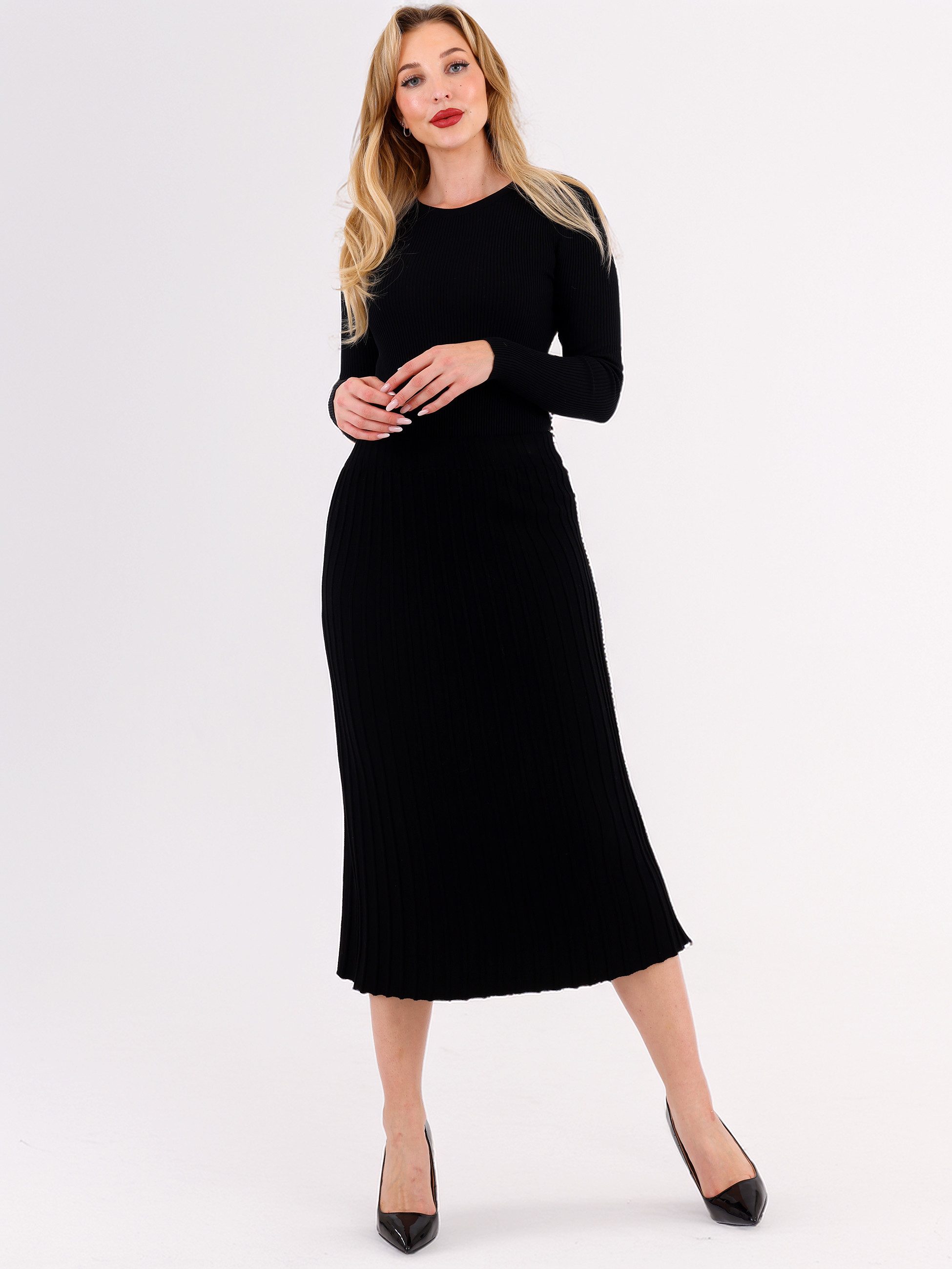 YC Fashion & Style Strickrock Rippstrick Rock in Midilänge – elastischer Bund, One Size (36–42) in Unifarbe