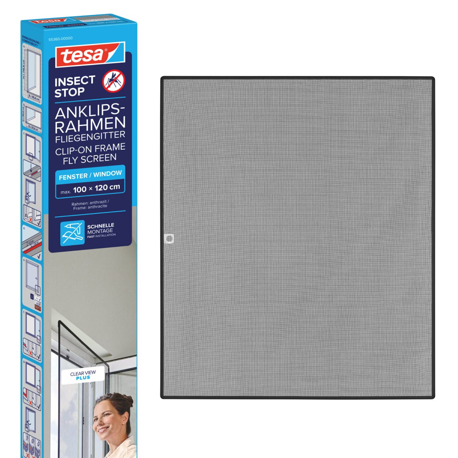 tesa Fliegengitter-Gewebe Anklips-Rahmen Fliegengitter für Fenster, Anthrazit (Durchsichtig), (Komplett-Set, 1-St., selbstklebende Halte-Klips - 1,0 x 1,2 m - Anthrazit (Durchsichtig), für PVC-Fenster - zuschneidbarer Rahmen, Netz aus Fiberglas