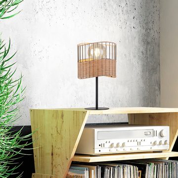 etc-shop Stehlampe, Leuchtmittel nicht inklusive, Tischleuchte Wohnzimmerlampe Metall schwarz Holzgeflecht E27 H 42 cm