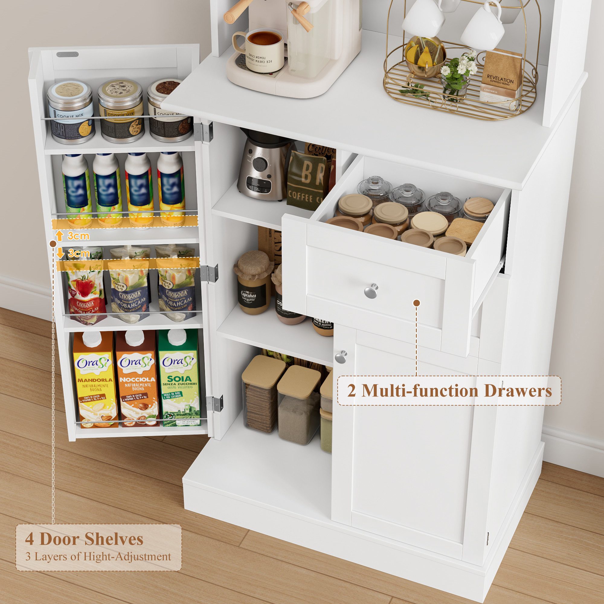 HOMECHO Küchenbuffet 182.5cm Küchenschrank mit 4 Türen und 2 SchubladenWeiß