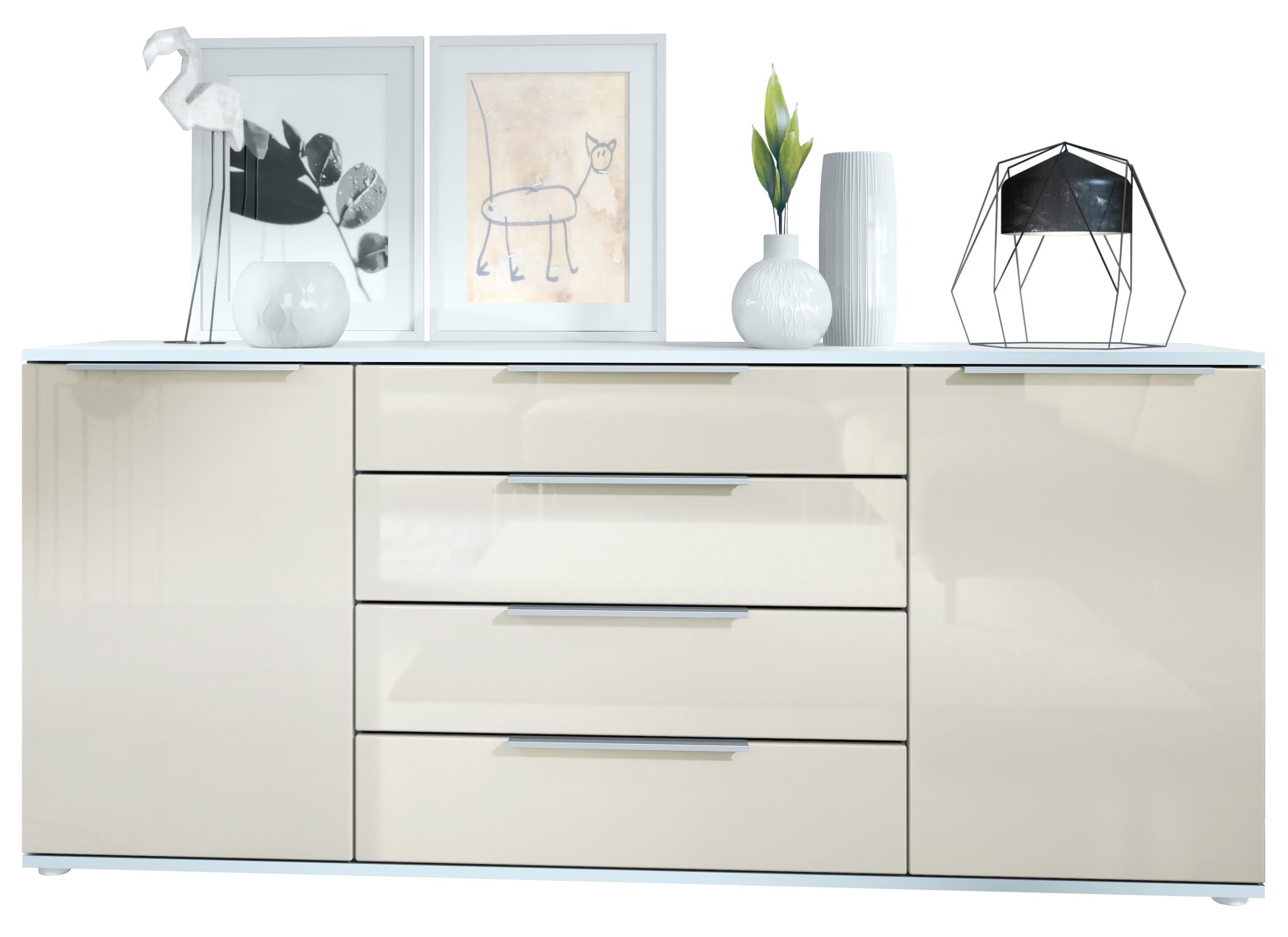 Vladon Sideboard Porto V2 (Anrichte, mit 2 Türen und 4 Schubladen), Weiß matt/Creme Hochglanz (166,5 x 72,5 x 35 cm)