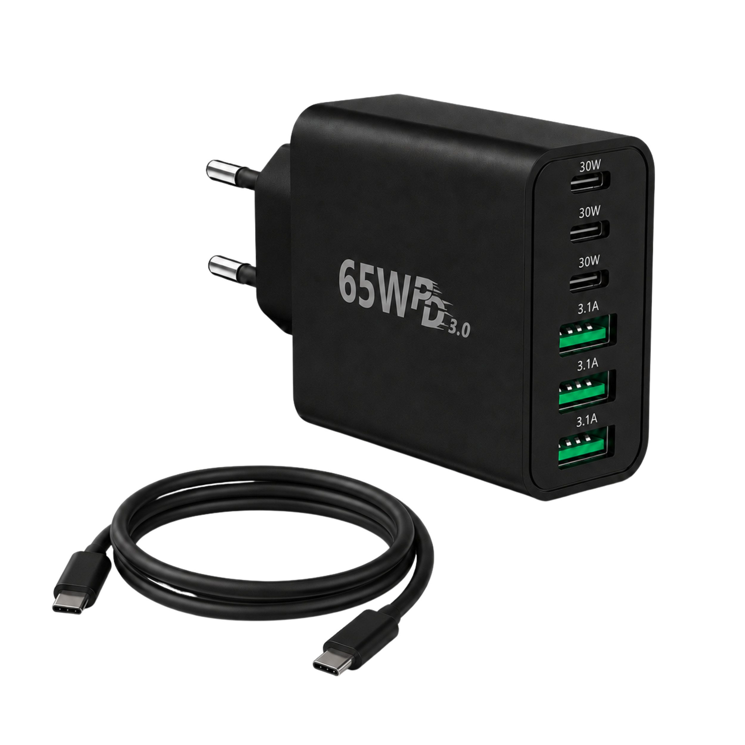 PlugUp 65W Ladegerät 6-Port 30W Schnellladeadapter mit USB-C Ladekabel USB-Ladegerät (3100 mA, Set, Inkl. USB-C Ladekabel, Universelles Schnellladegerät mit USB-C auf USB-C Ladekabel)
