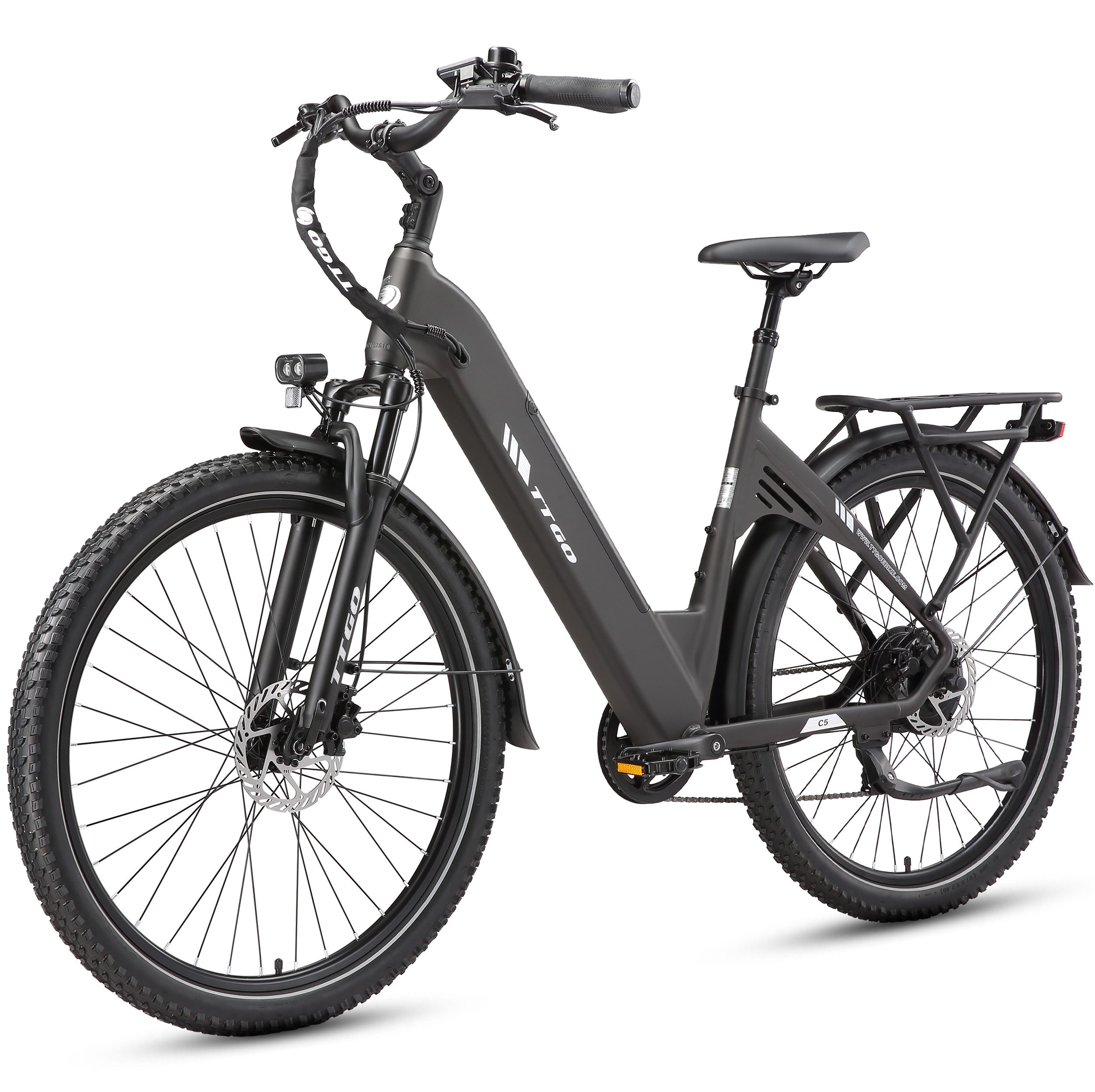 TTGO E-Bike Cityrad 28x2,4 Zoll, 110km, 70 Nm Hinterradmotor, C5, ZOOM Federsattelstütze, 7 Gang Shimano, Kettenschaltung, Heckmotor, 648 Wh, Tiefeinstieg, Pedelec, Elektrofahrrad, für Damen Herren, Hydr. Bremse