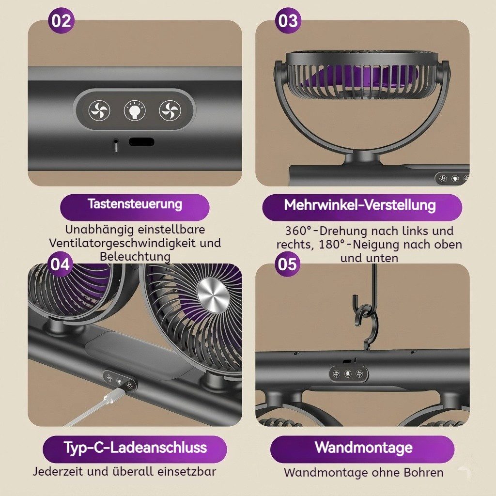 VIVIHEYDAY Akku-Ventilator Doppelkopf-Ventilator, wiederaufladbarer USB-Ventilator mit licht, & Haken, 360° drehbar, Auto-Luftzirkulator für Zuhause, Camping – Bild 5 von 5