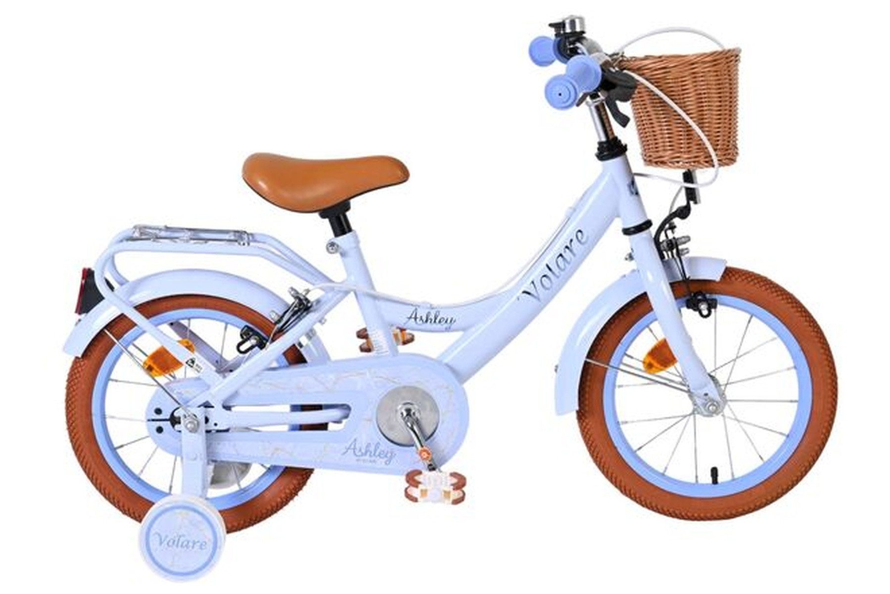 Volare Kinderfahrrad Ashley Mädchen 14 Zoll Pastellblau mit zwei Handbremsen, Abnehmbare Stützräder, geschlossene Kettenschutz, Frontkorb