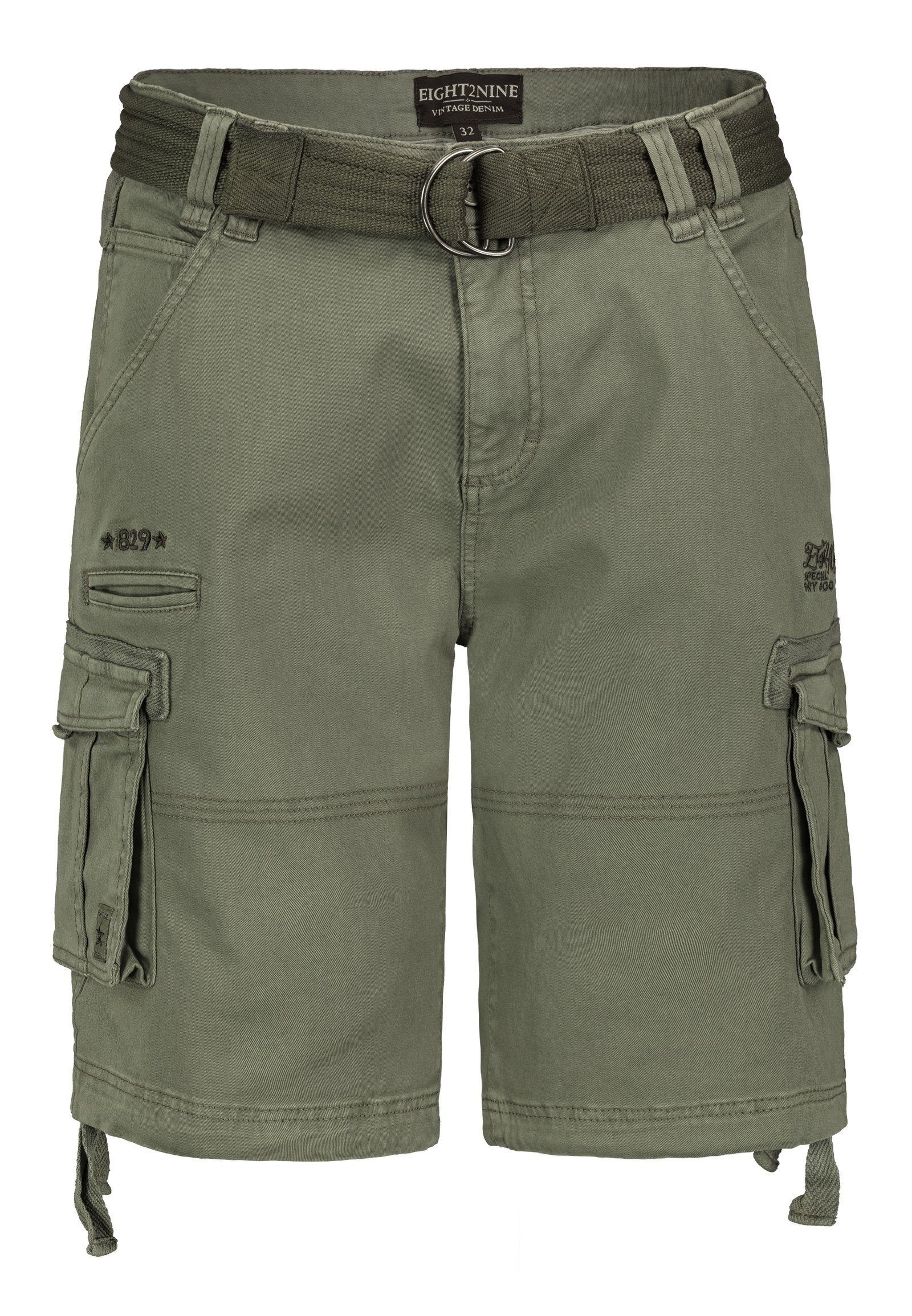 kurze Sommer Shorts Short Gürtel Hose Bermuda Herren Olive + Cargo Shorts Eight2Nine Knielang