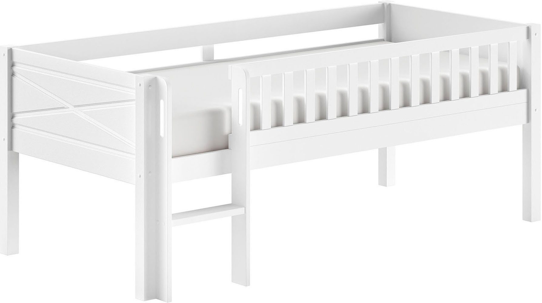 Vipack Spielbett Scott mit niedriger Einstiegshöhe, inkl. Leiter und Rolllattenrost, in Kiefer massiv, weiß 90x200 cm, wahlweise ohne und mit Rollboxen