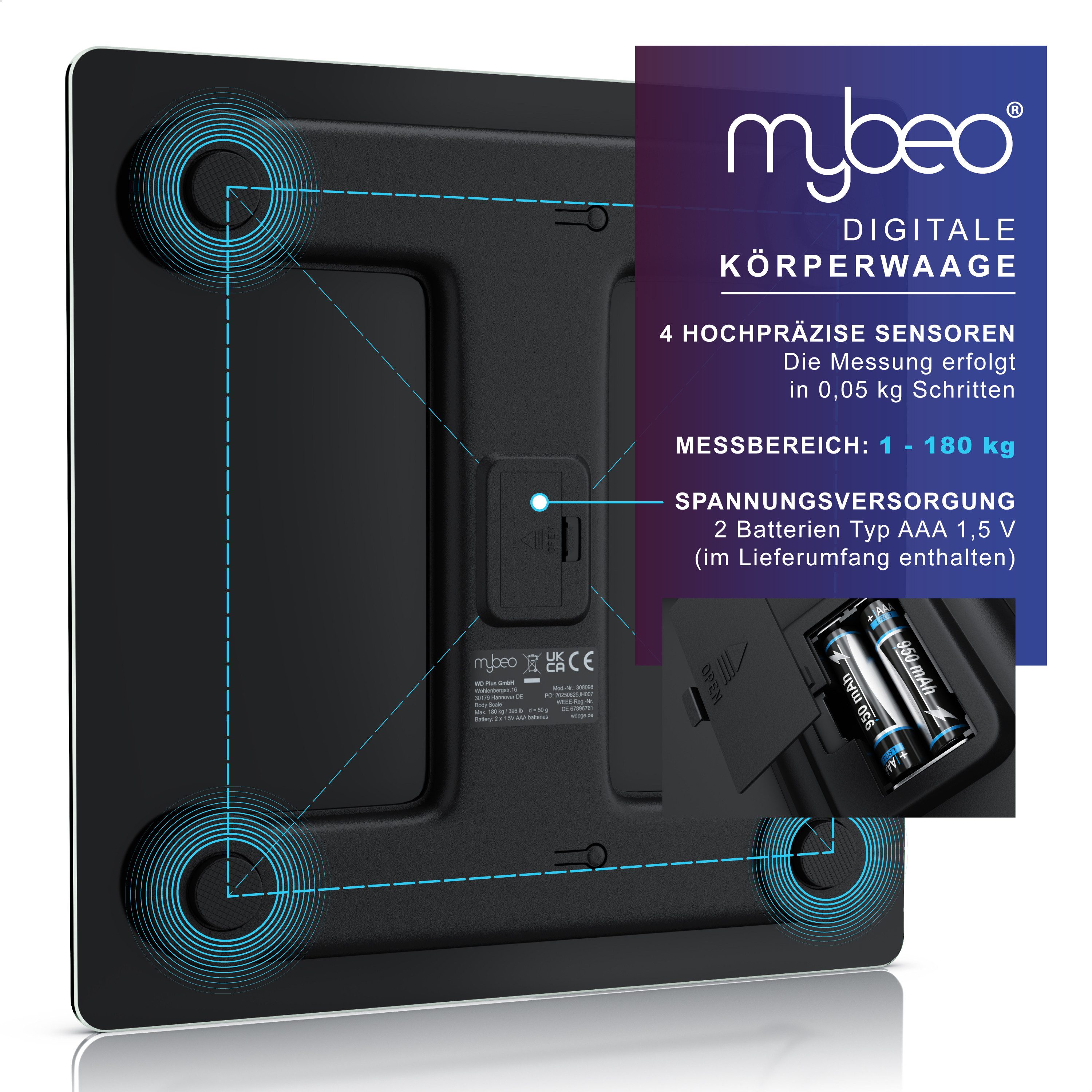 MyBeo Personenwaage digitale Waage, große Sicherheitsglas Trittfläche, Temperaturanzeige, 1-tlg., Badezimmer Digitalwaage, schmales Design, max. Belastung über  – Bild 4 von 5