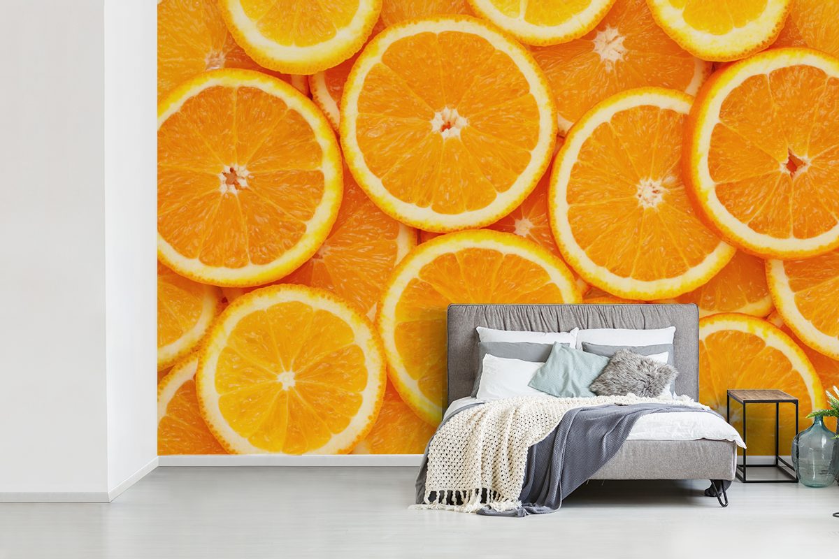 bedruckt, - Vinyl Fototapete - Wohnzimmer, Wallpaper Schlafzimmer, Orange für Tapete Obst Orange, MuchoWow Kinderzimmer, Matt, (6 St),