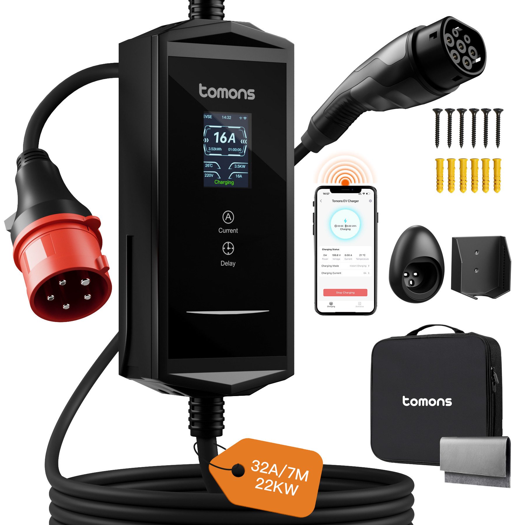 Tomons Mobile Wallbox 22kw mit APP,Typ 2 Ladekabel 7M, 2,4" LCD, IP65 Autoladekabel, Einstellbarer Ladeleistung&startzeit