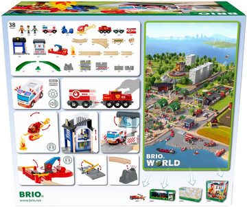 BRIO® Spielzeugeisenbahn-Erweiterung BRIO® WORLD, Polizei und Feuerwehr Set Deluxe, (Set), mit Licht- und Soundeffekten, FSC®- schützt Wald - weltweit