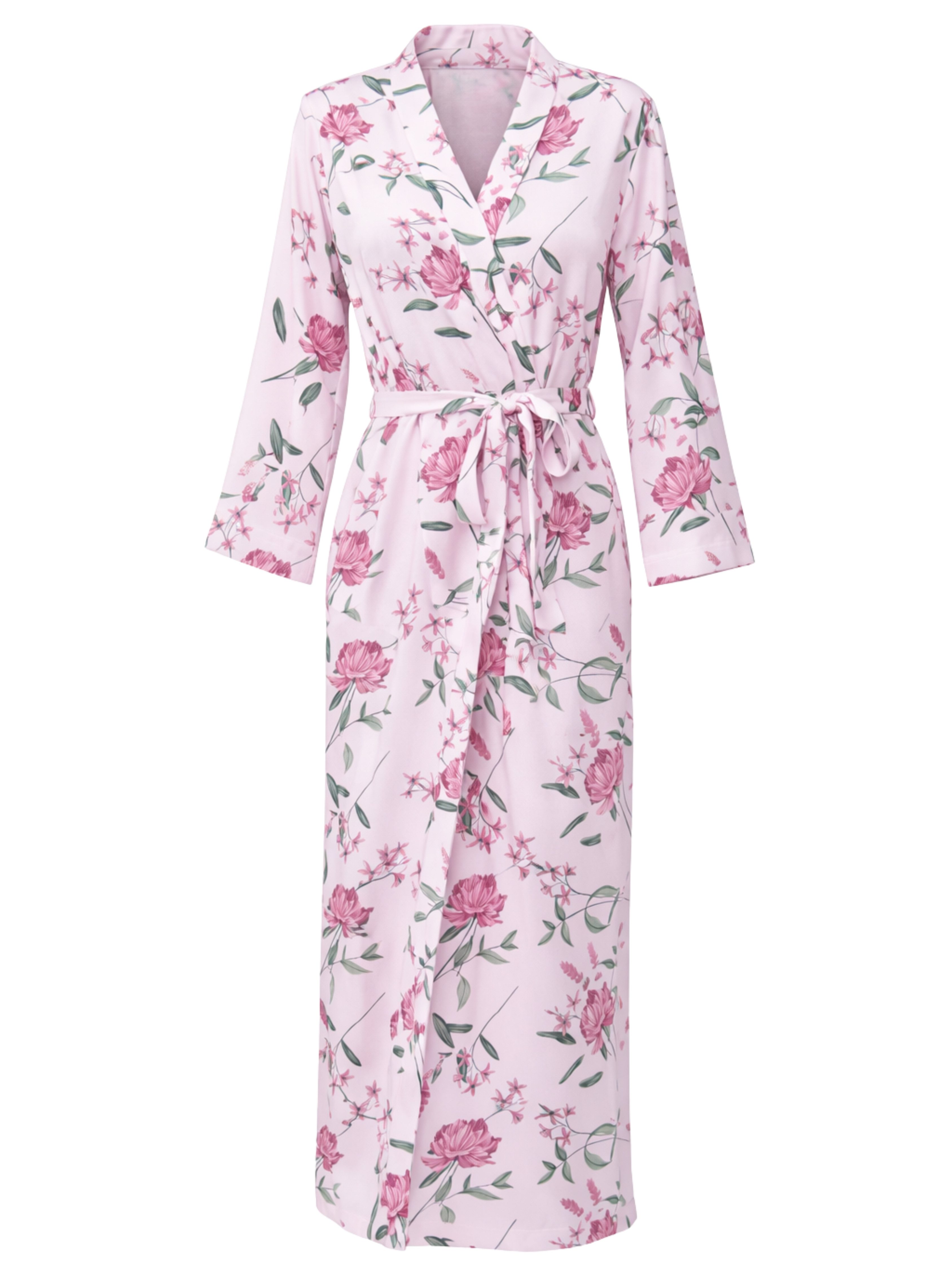 Donna Morgenmantel Damen Kimono lang mit Blumenprint, Viskose, Schalkragen, Bindegürtel, Eleganter Viskose-Morgenmantel mit Gürtel & Taschen, ca. 130 cm