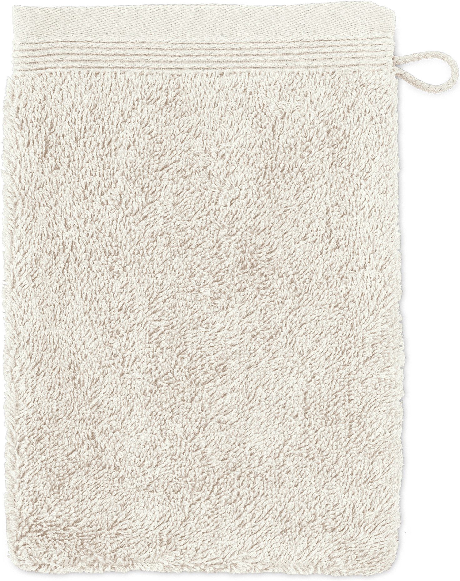 Möve Waschhandschuh Superwuschel 100% Premium Cotton Baumwolle, Walkfrottier (1-St), mit Biesenbordüre und praktischem Kordelaufhänger, einfarbig, weich