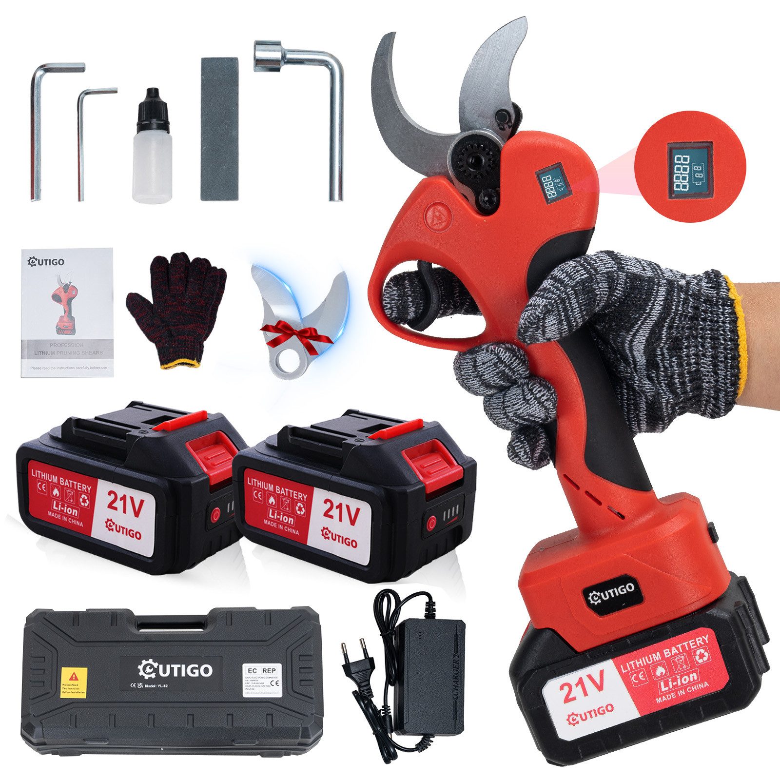 OUTIGO Akku-Astschere Professionelle Elektrische Gartenschere, 1000W-Bürstenlosmotor, (2x3000mAh Lithium-Wiederaufladbar, Akku 6-8 Arbeitsstunden), 40 mm Akku Grtenschere, Astschere, Rebschere, Baumschere, Rosenschere