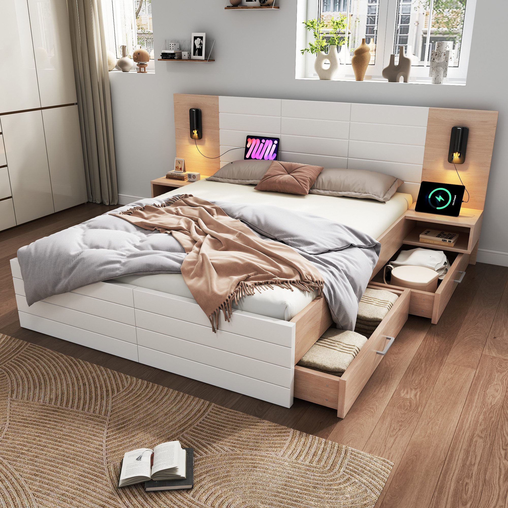 Flieks Massivholzbett, Doppelbett 180×200cm 2 Schubladen 2 Nachttische Lese günstig online kaufen