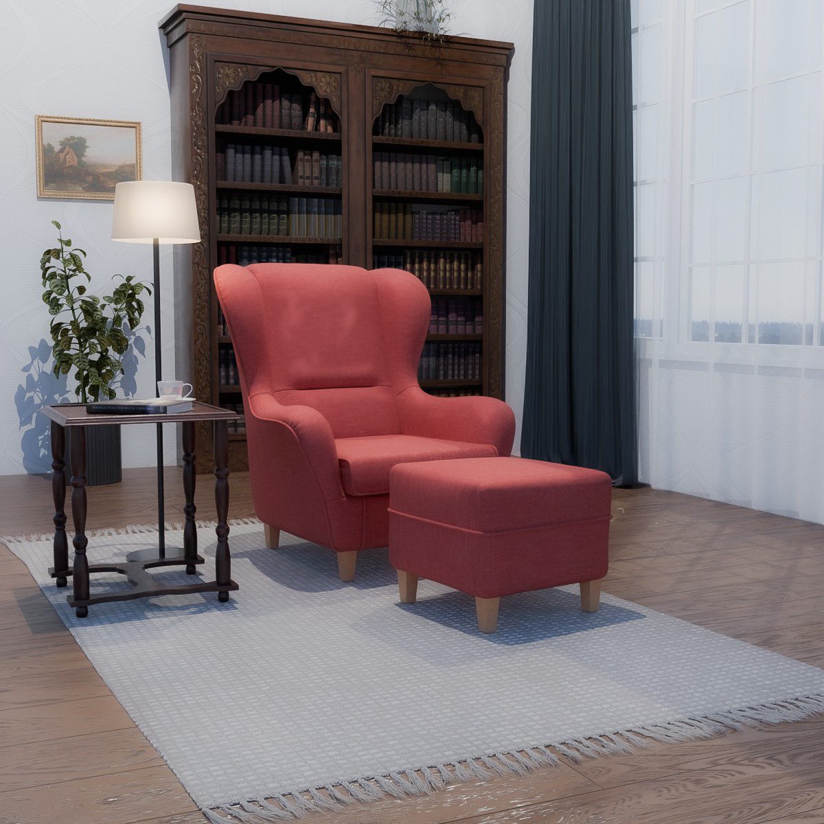 Supellex Ohrensessel Sofia Relaxsessel mit Hocker – Samt Altrosa