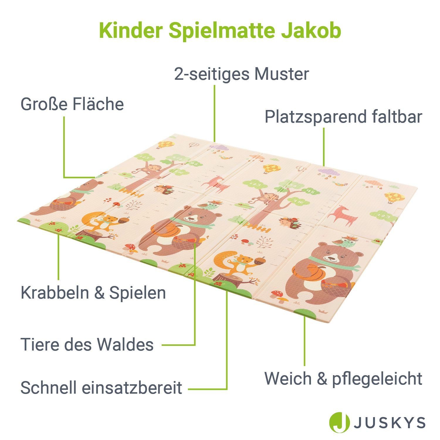 Juskys Puzzlematte Jakob, (Bären & Waldtiere), 180x200 cm, doppelseitiges Muster, weich und platzsparend faltbar