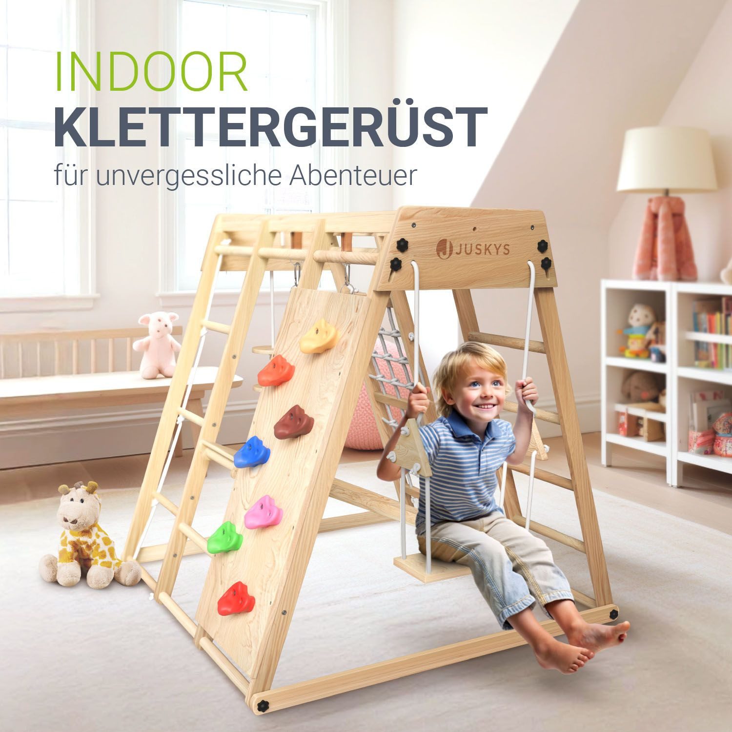 Juskys Klettergerüst Maxi, für Kinder, Holz, Indoor Spielplatz klappbar, Rutsche & Kletterwand