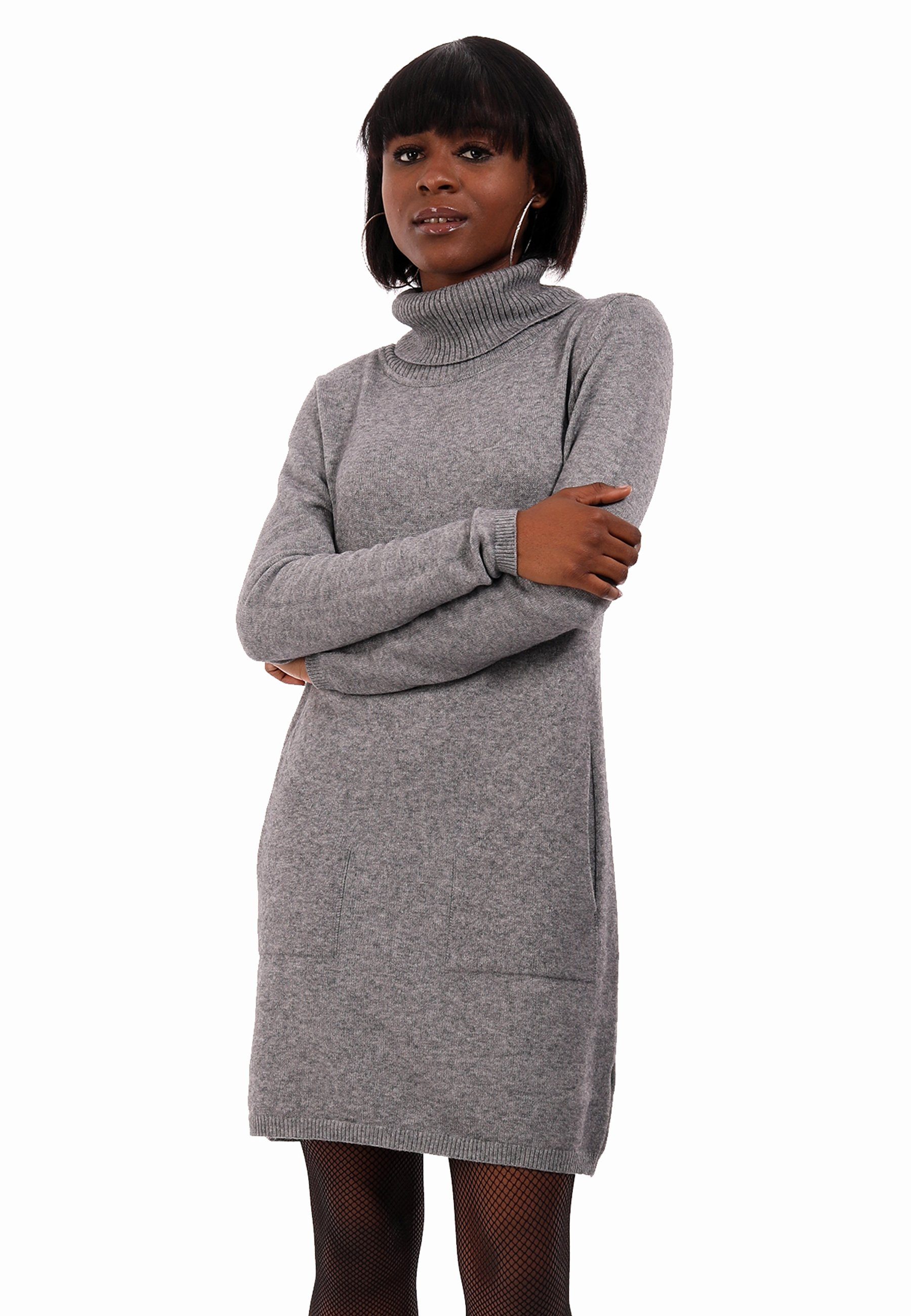 Einschubtaschen und mit Strickkleid in YC Style Fashion (1-tlg) Rollkragen Strickkleid & grau Unifarben Longpullover