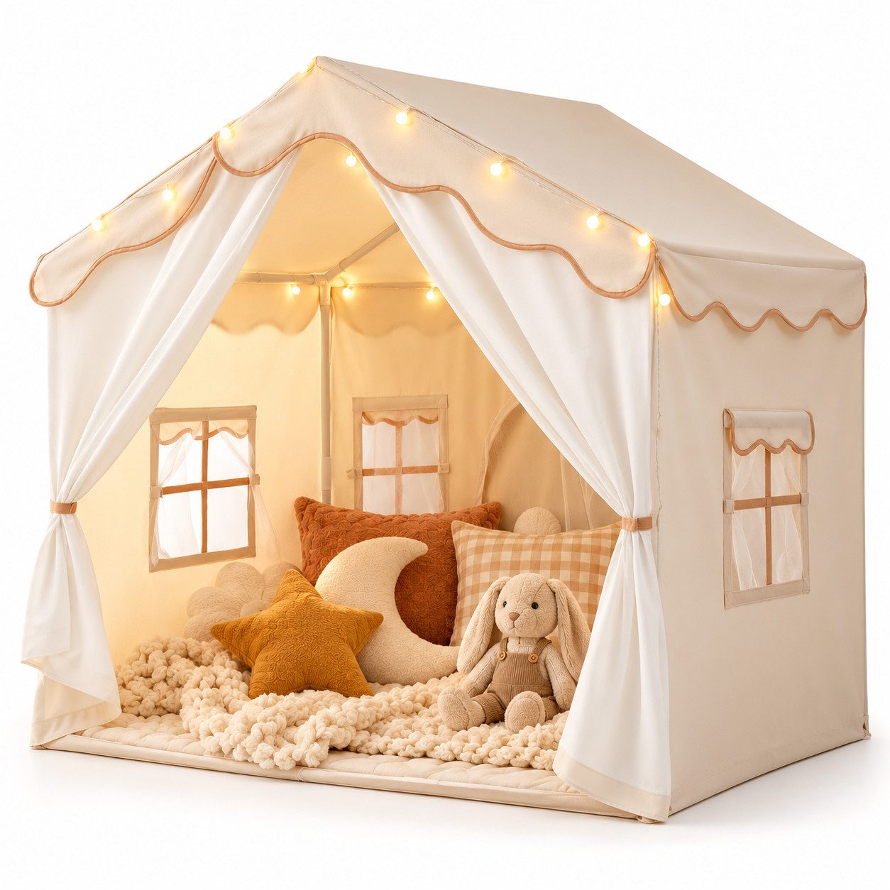 TSE Spielzelt Kinder Spielzelt für Zuhause Beleuchtung & Vorhängen ab 3 Jahren (Gesamt Set, Spielzelt) Spielhaus oder Bettzelt, mit Lichter und Fenstern