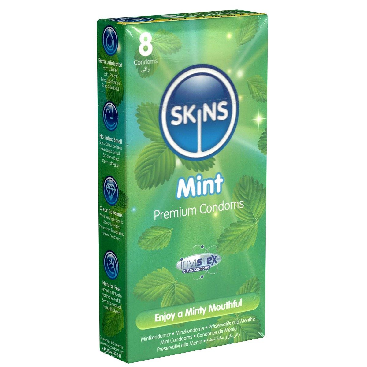 SKINS Condoms Kondome Mint, samtweiche Oberfläche, fühlt sich an wie "echt", Packung mit, 8 St., Kondome mit frischem Minzaroma, durchsichtiges Latex (kristallklar), kein Latexgeruch