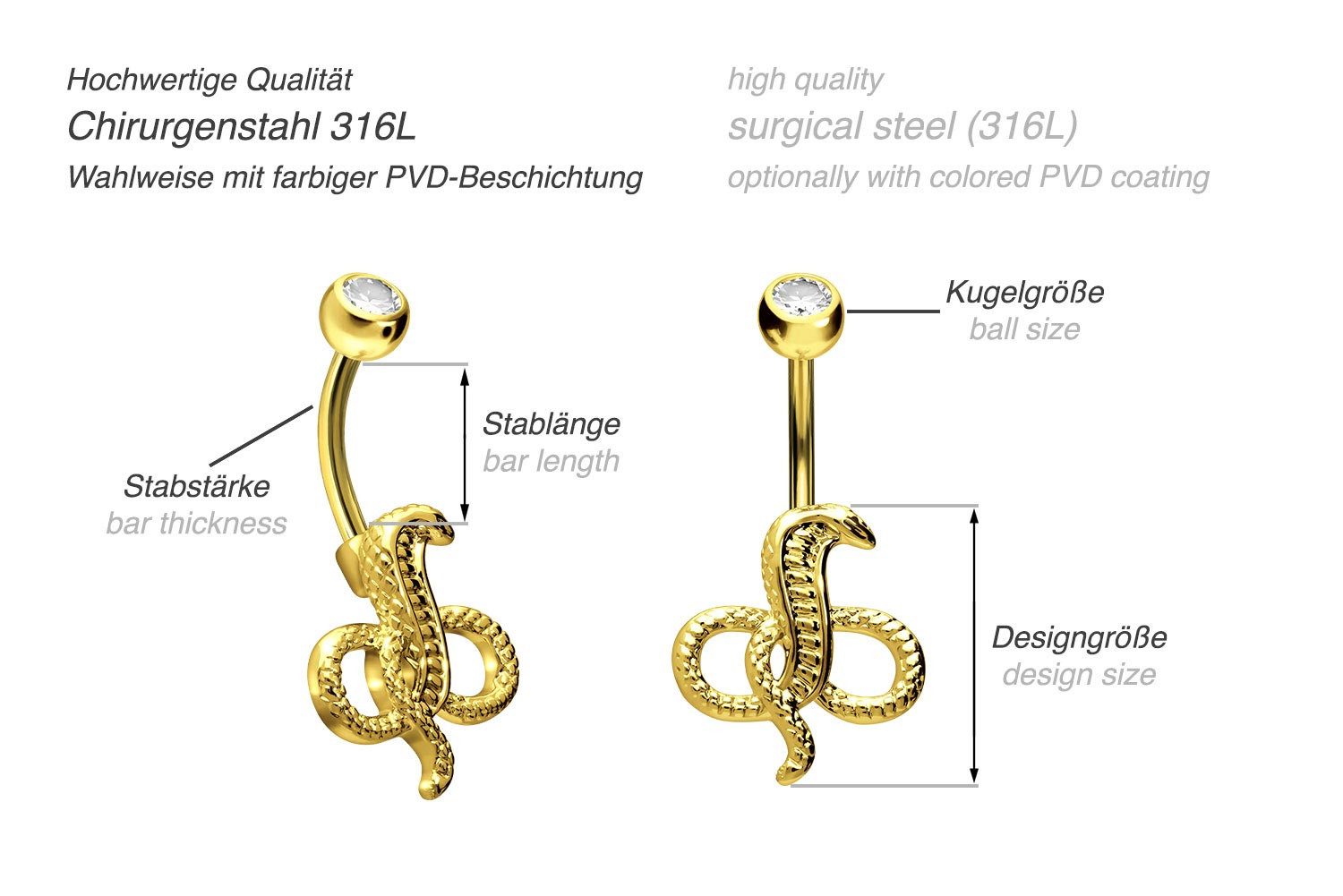 PIERCINGLINE Bauchnabelpiercing Chirurgenstahl Bananabell mit Brass-Design KOBRA (Bananabells, 1-tlg)